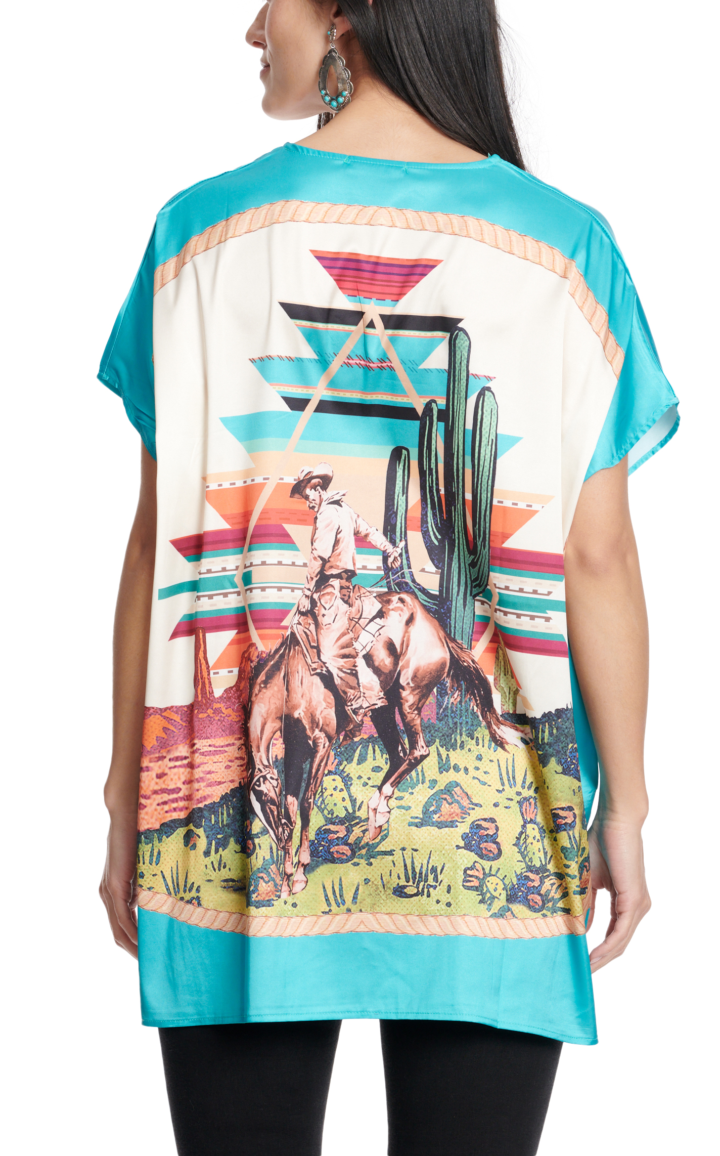 Fashion Express Women's Turquoise & Sand Retro Western Print Poncho - Image 2