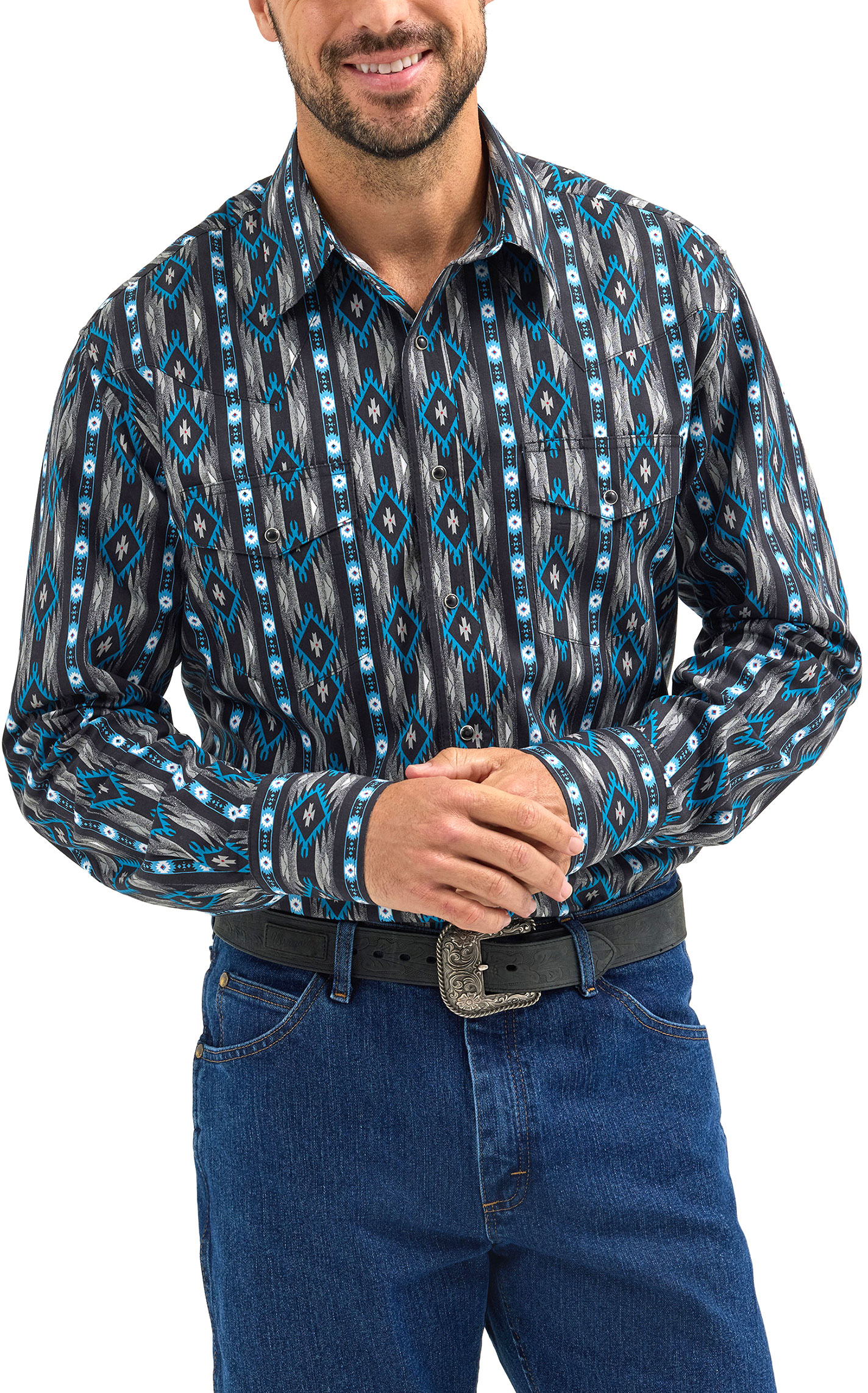 Wrangler Men's Checotah Black Taupe & Blue Aztec Western Shirt - Image 1