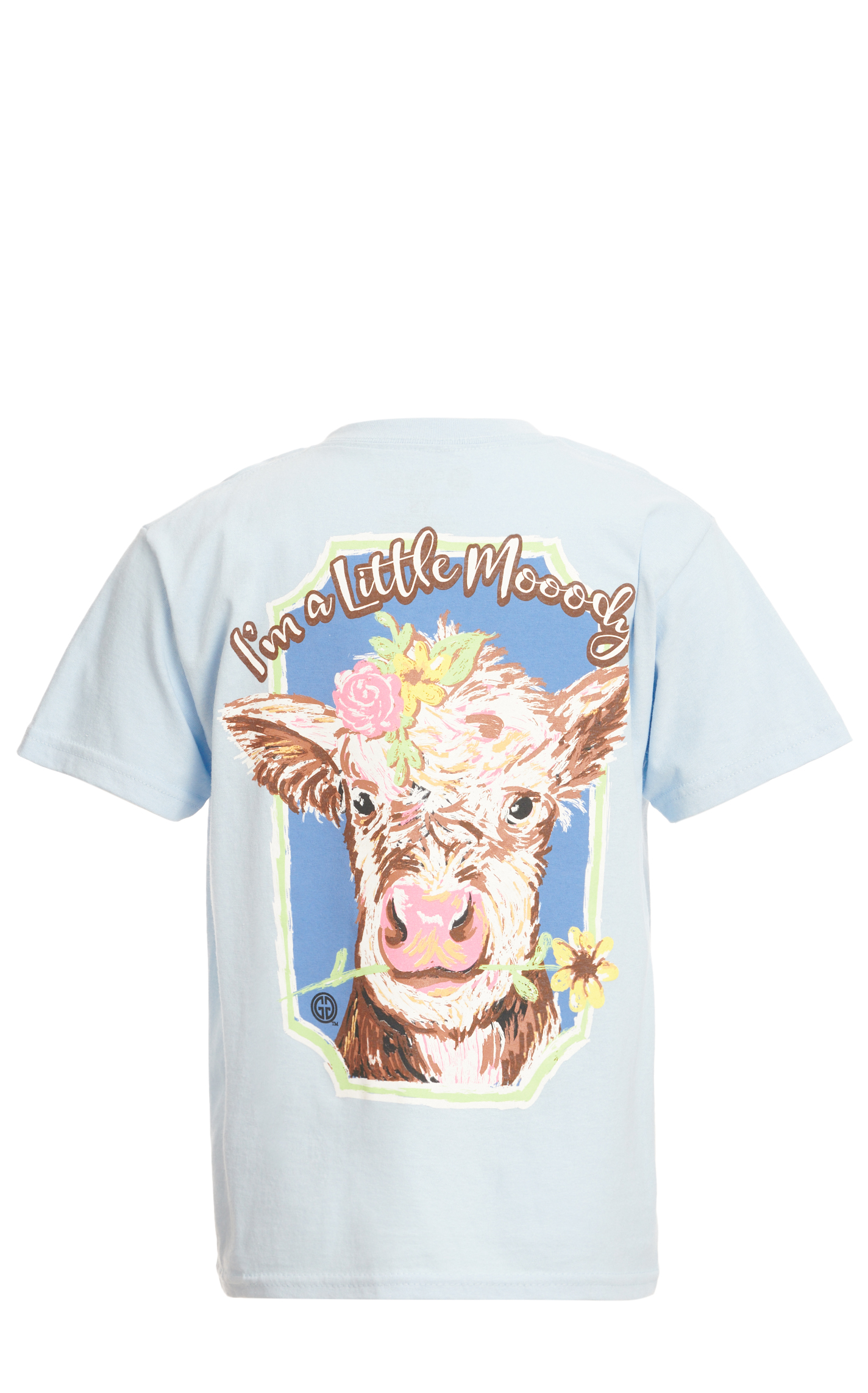 Girlie Girl Girl's Baby Blue Cow & Flowers I Am Moody Graphic Short Sleeve T-Shirt - Image 1