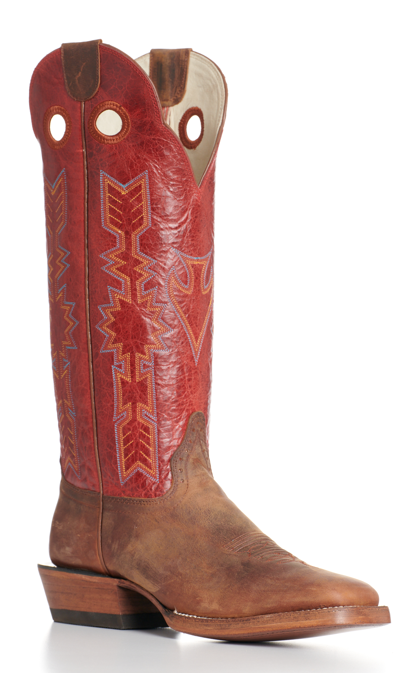Hondo Men's Legend Waxy Brown and Red Wide Square Toe Buckaroo Cowboy Boots - Image 1