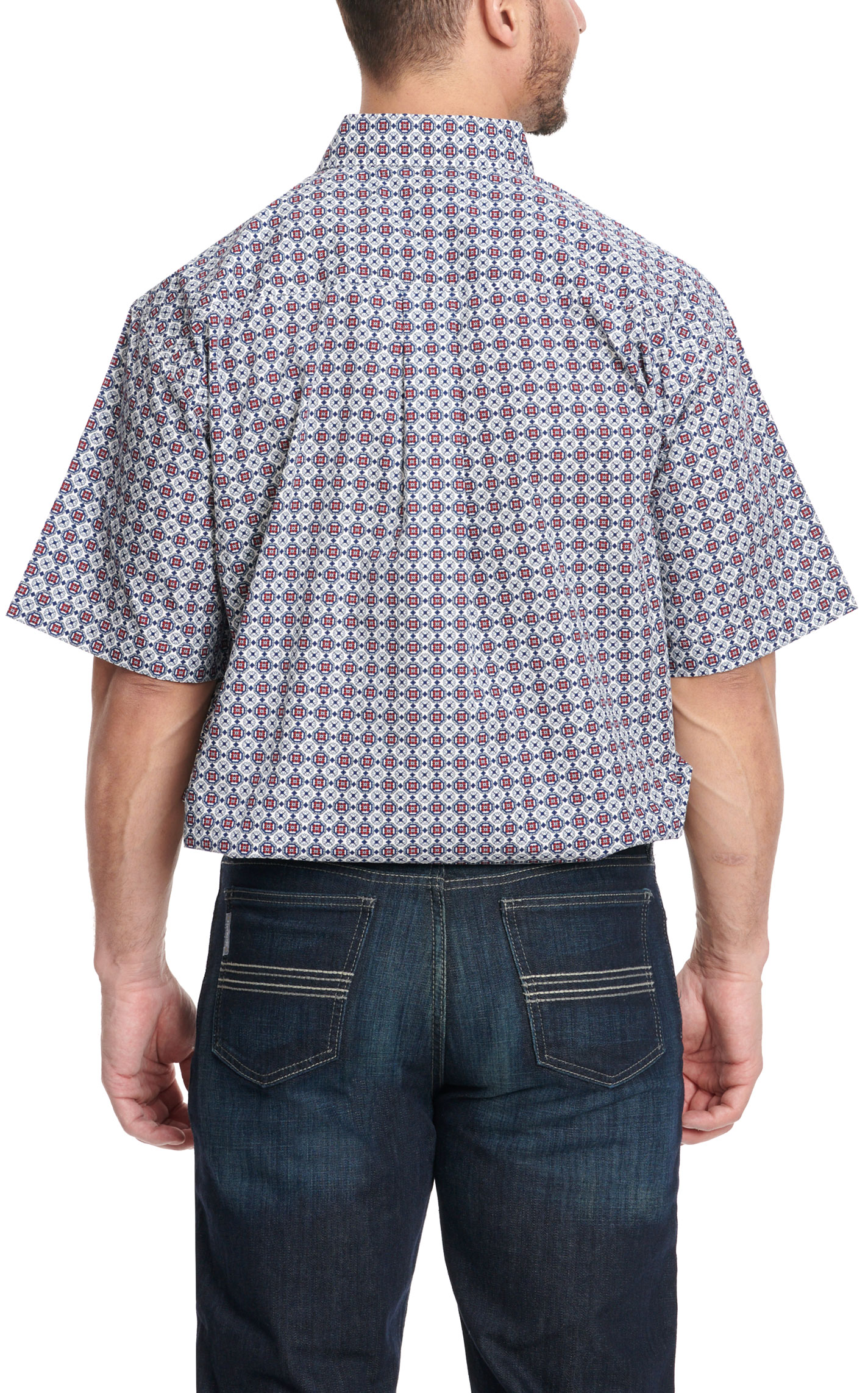 Cinch Men's White Navy & Red Geo Print Short Sleeve Western Shirt - Image 1