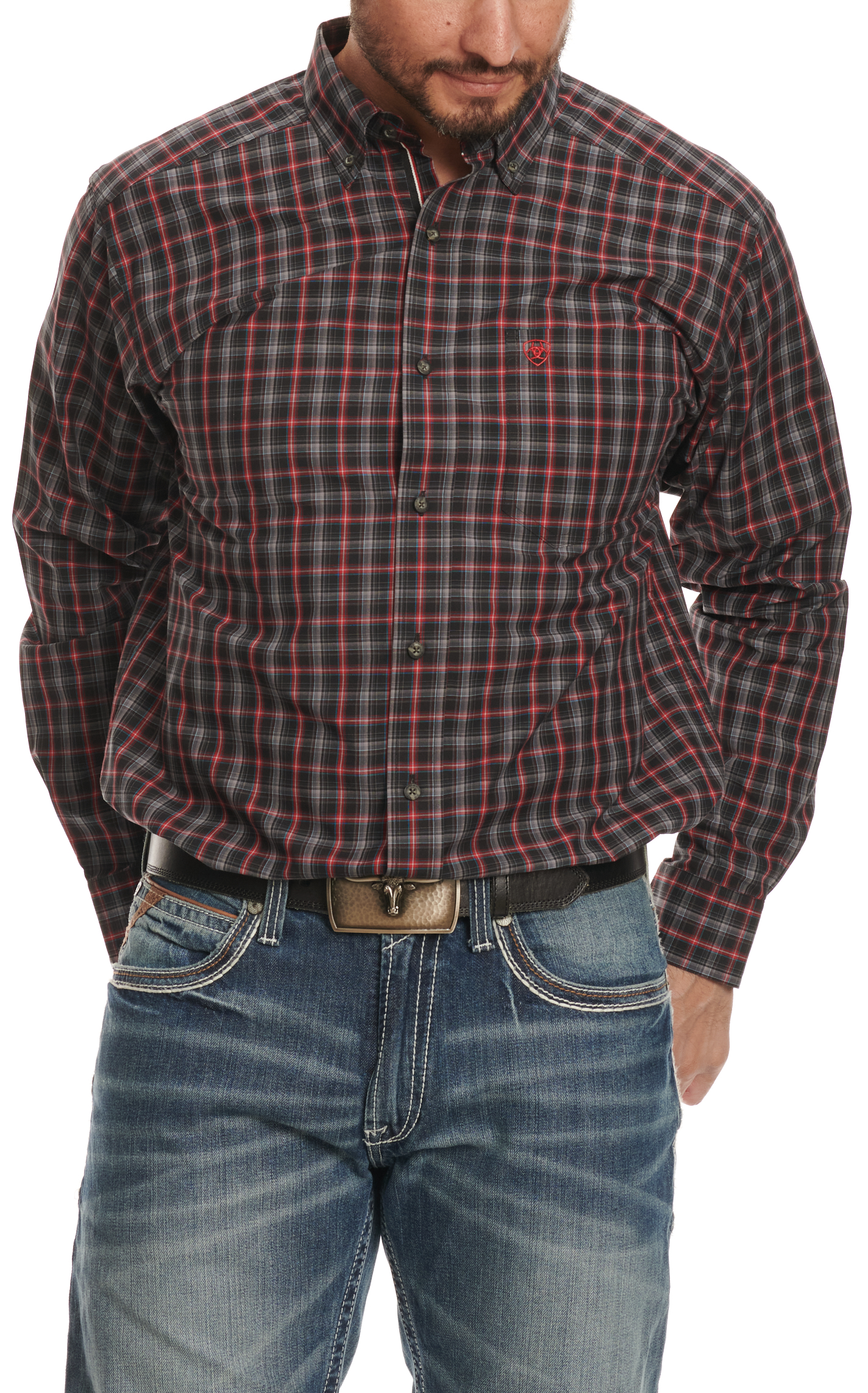 Ariat Pro Men's Jax Black & Red Plaid Western Shirt - Image 1