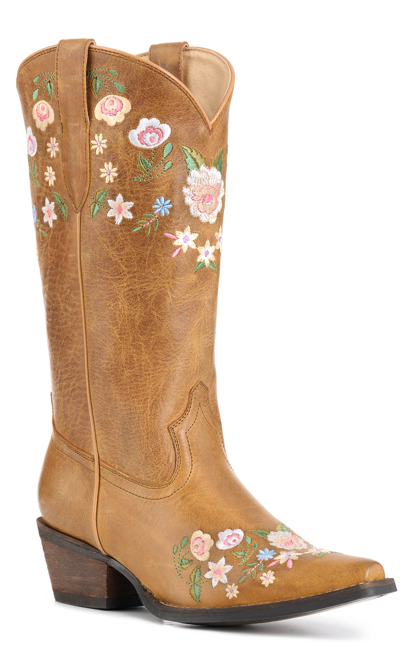 Rockin C Women’s Tan Floral Embroidered Leather Snip Toe Cowboy Boots - Image 1