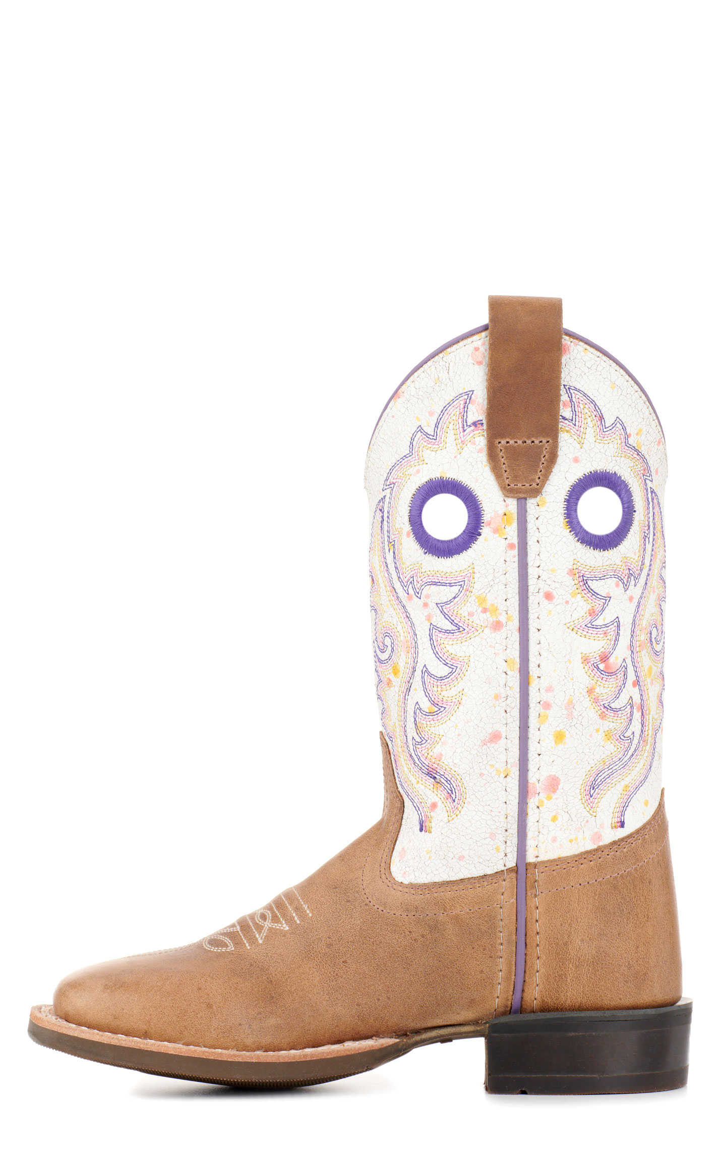 Old West Kids' Light Brown and Rainbow Crackle Wide Square Toe Cowboy Boots - Image 1