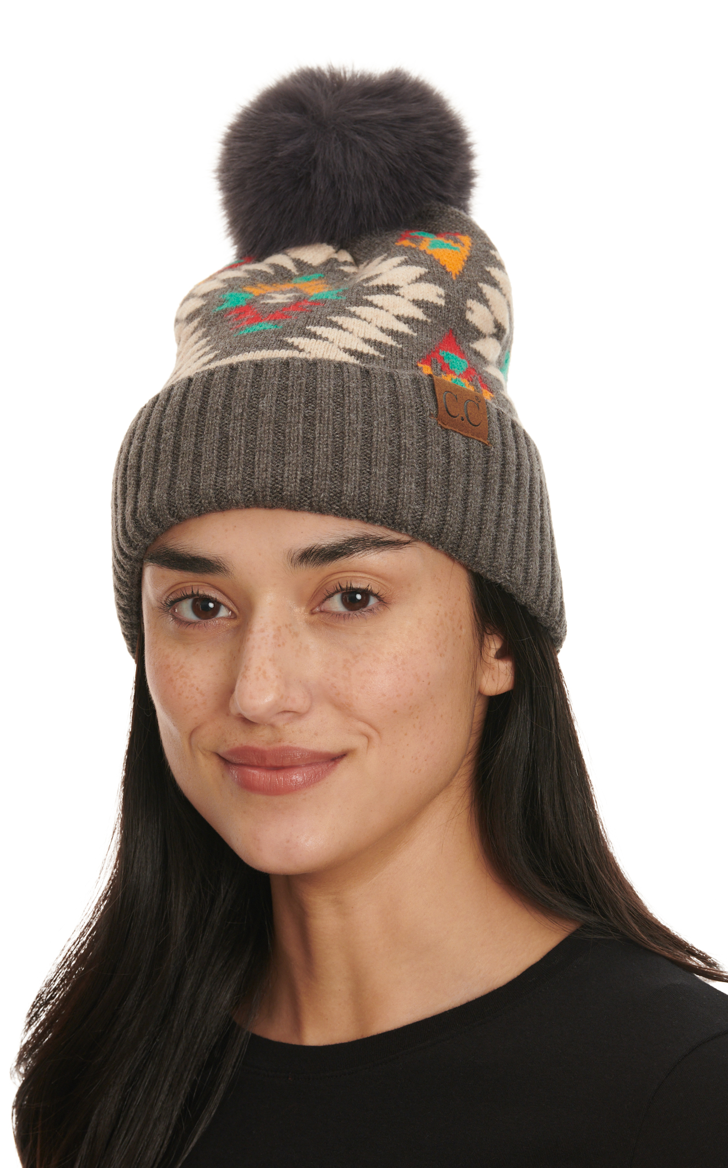 C.C. Brands Women's Dark Gray Colorful Aztec Print & Fluffy PomPom Super Soft Beanie - Image 1
