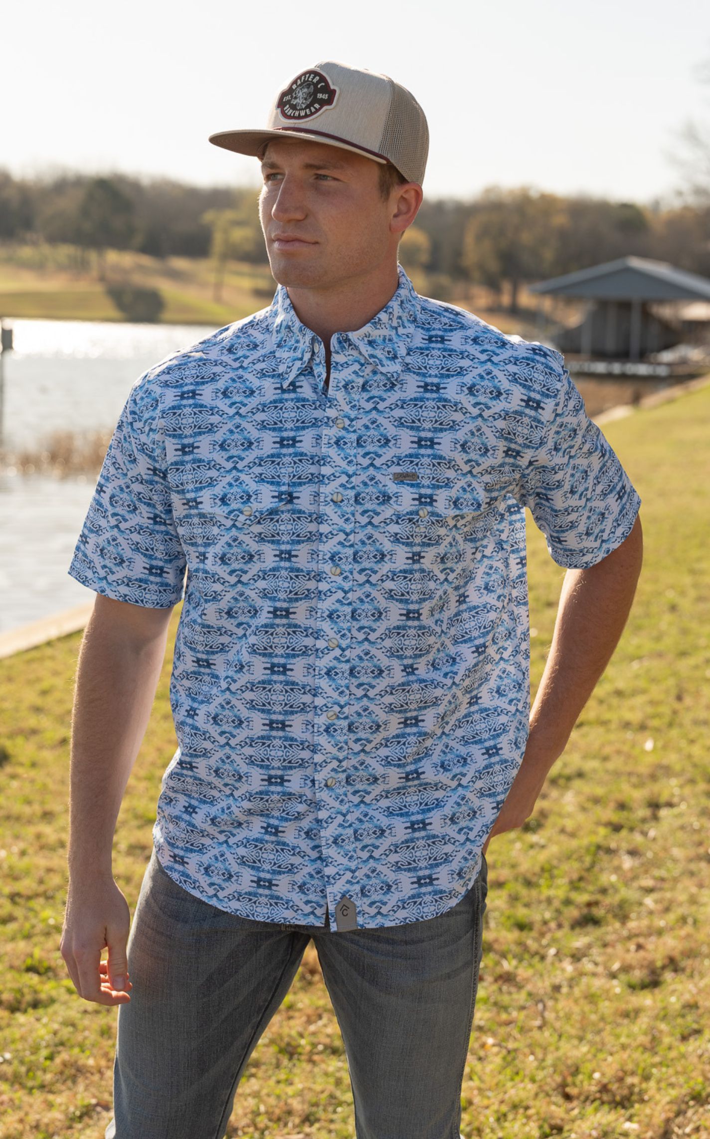 Rafter C Men's Blue & White Aztec Print Western Shirt  - Image 1