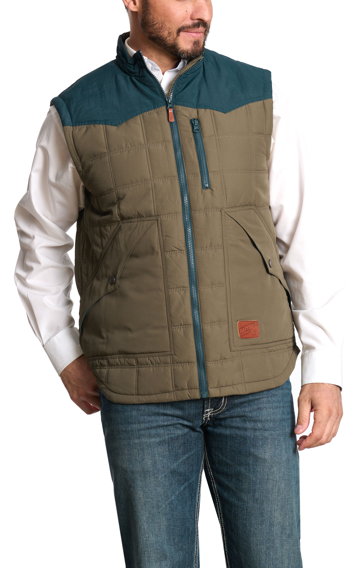 Rafter C Ranchwear Men's Coyote Olive & Aegean Blue Quilted Puff Vest - Image 1