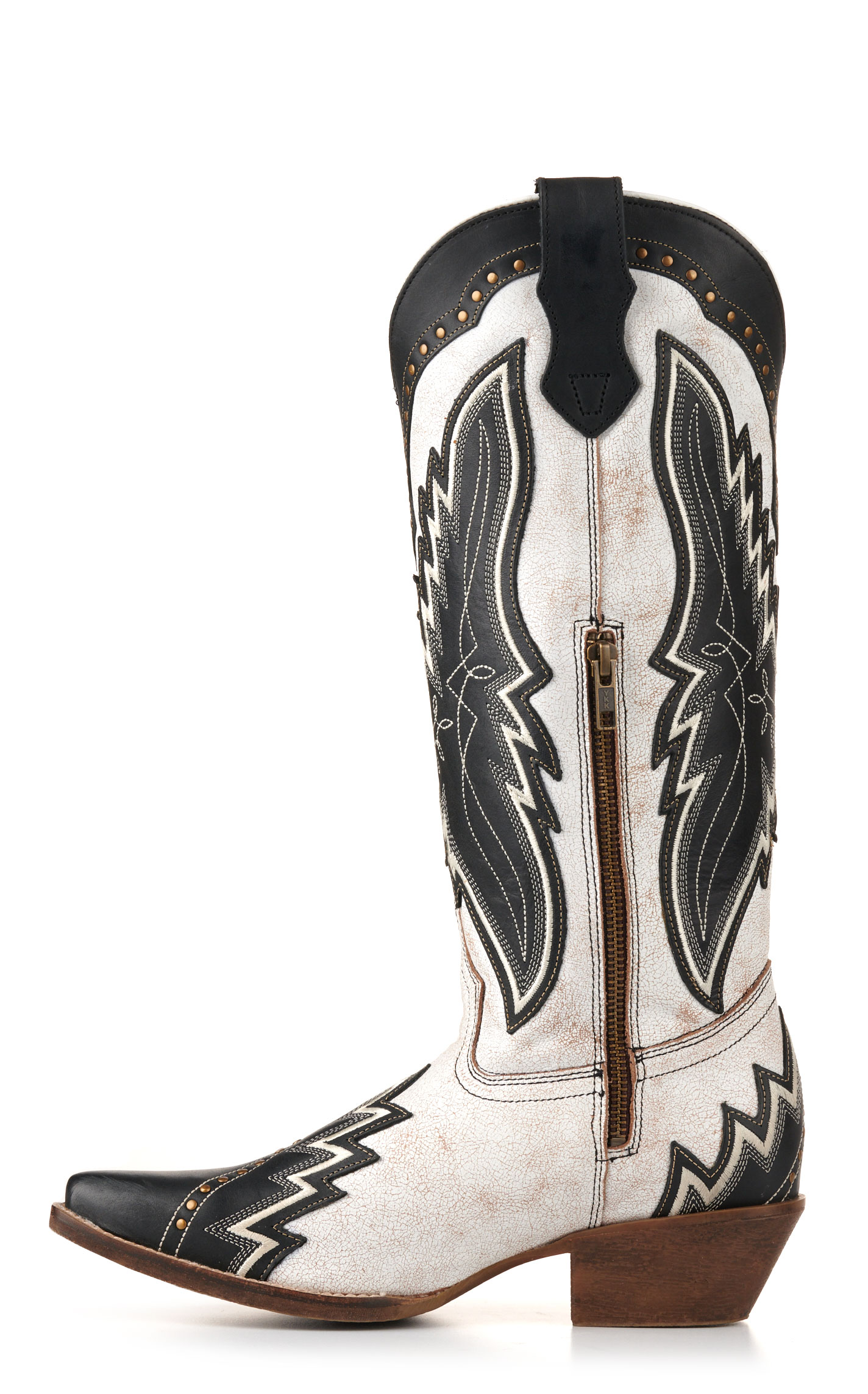 Laredo Women's Shawnee Off White with Black Overlays and Studs Snip Toe Tall Cowboy Boots - Image 1