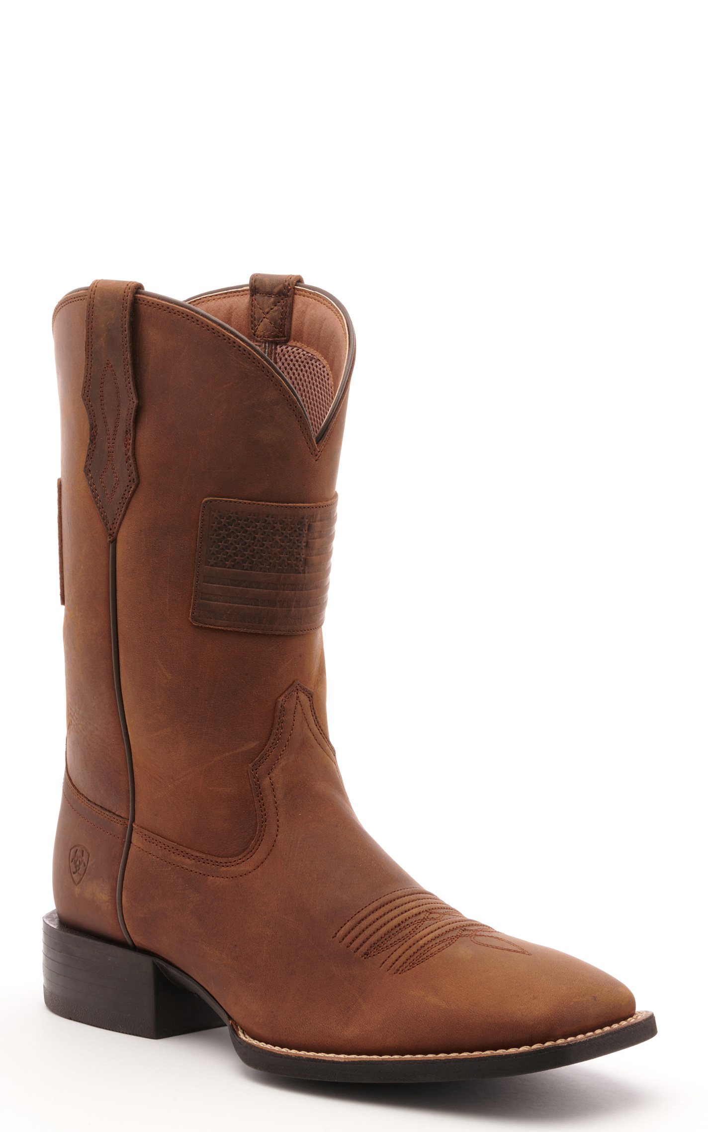 Ariat Men's Sport Patriot II Distressed Tan with Flag Patch Wide Square Toe Cowboy Boots - Image 1