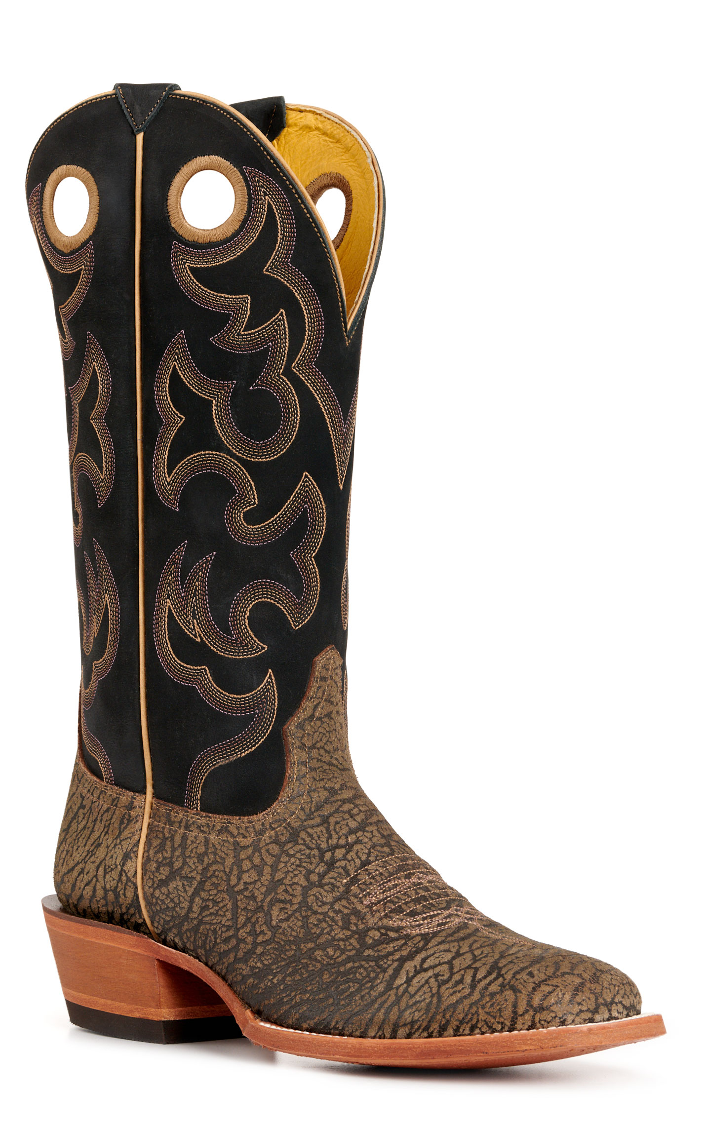 Cavender's Men's Brown Elephant Print and Black Wide Square Toe Buckaroo Cowboy Boots - Image 1