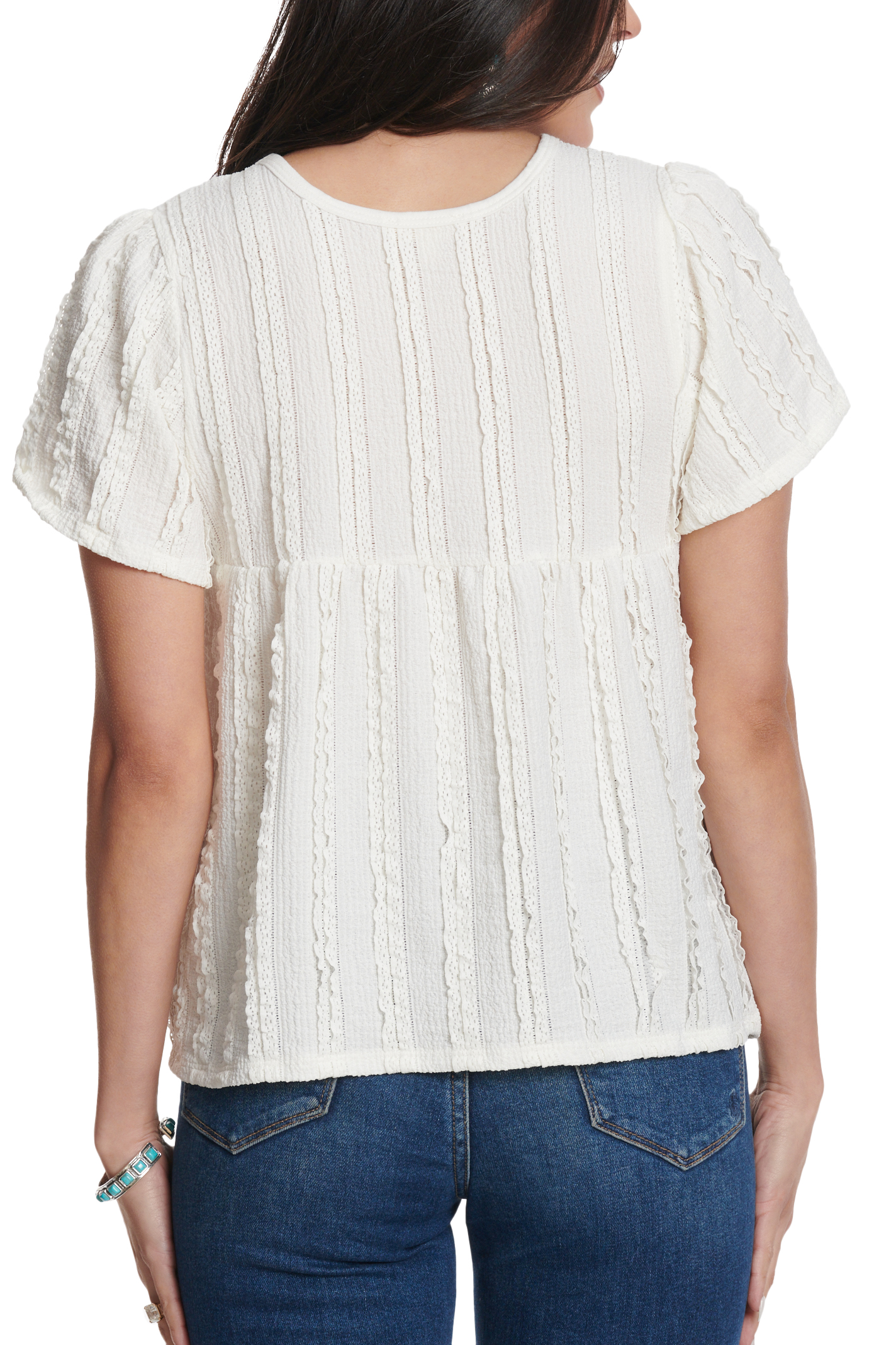 Moa Moa White Texture & Lace Colorful Embroidery Top  - Image 1