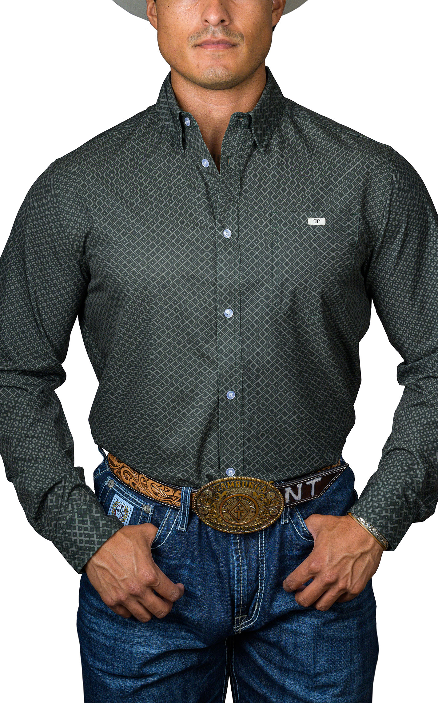 Ferrell Men's Sage & Forest Geo Print Western Shirt - Image 1