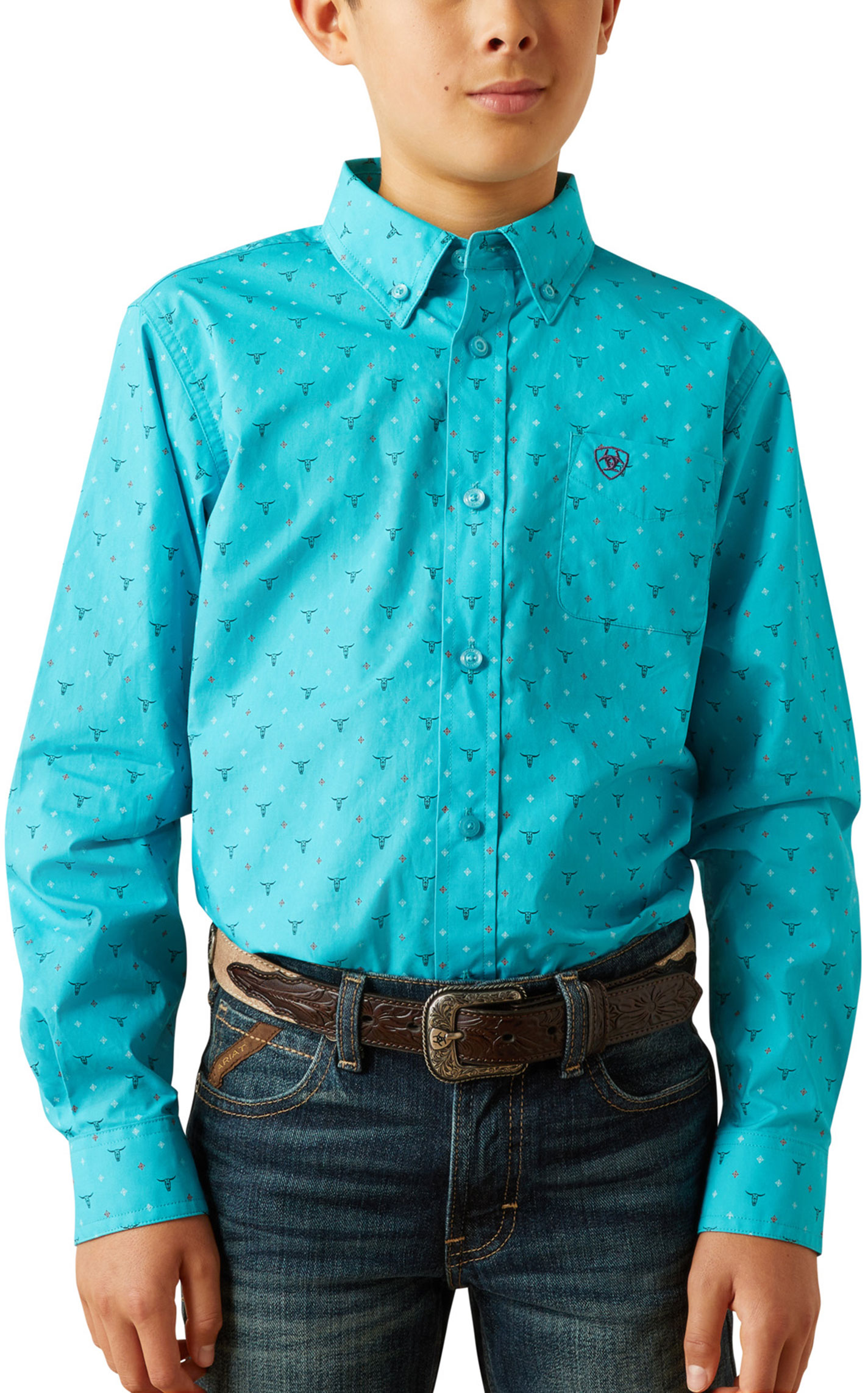 Ariat Boy's Willke Turquoise Longhorn Print Western Shirt - Image 1