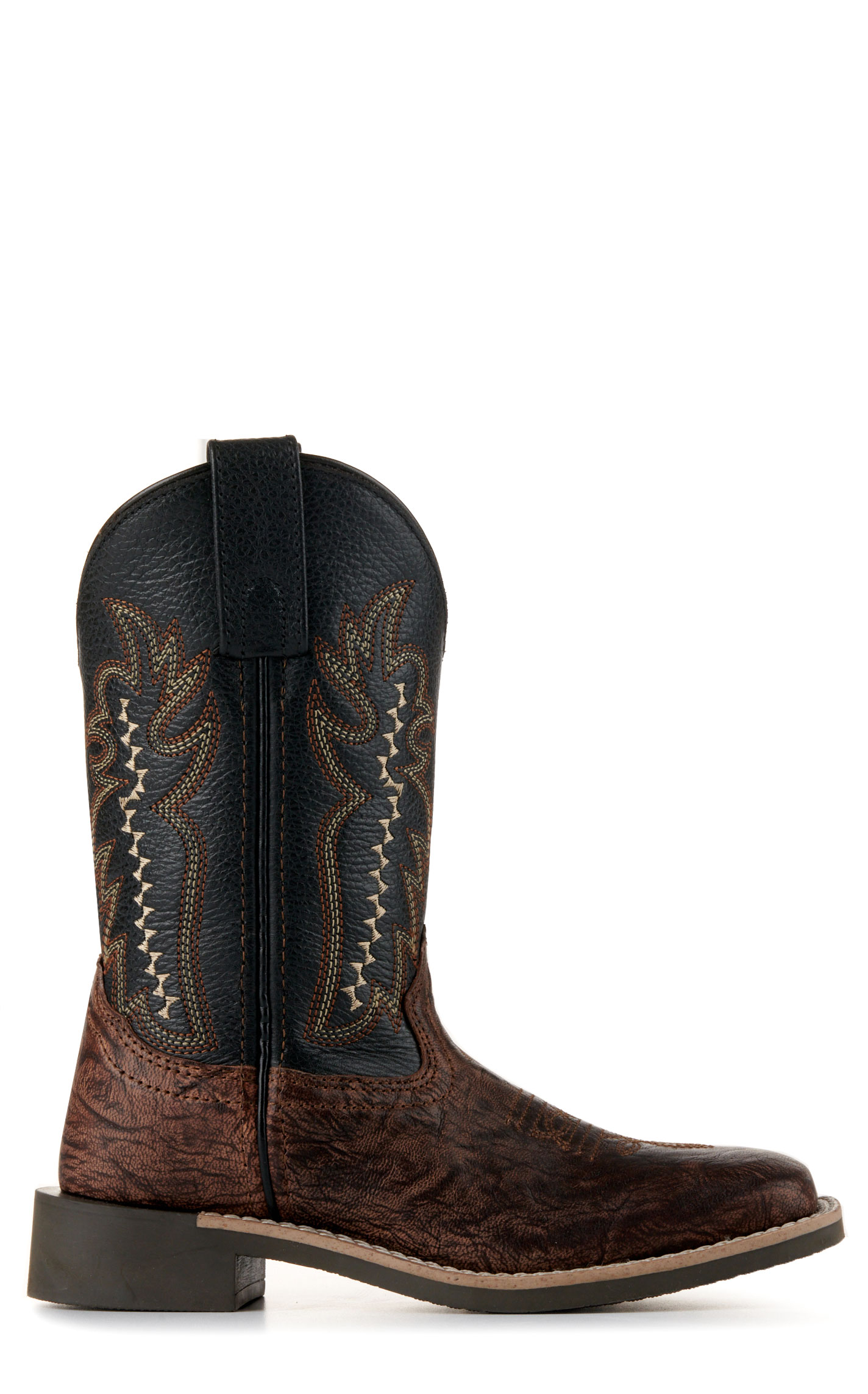 Smoky Mountain Youth Antique Brown Exotic Print and Black Wide Square Toe Cowboy Boots - Image 1