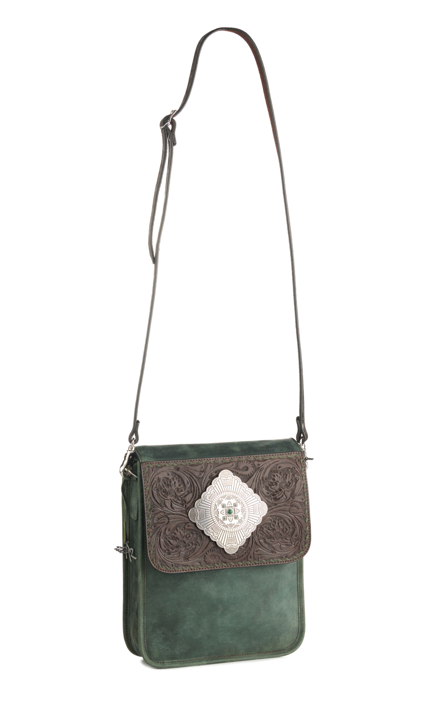 Angel Ranch Dark Sage Leather & Etched Silver Concho Crossbody Bag - Image 1
