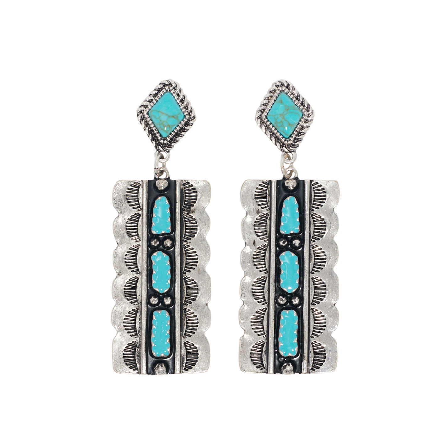 806 by Pink Panache Antique Silver & Turquoise Bar Earrings - Image 1