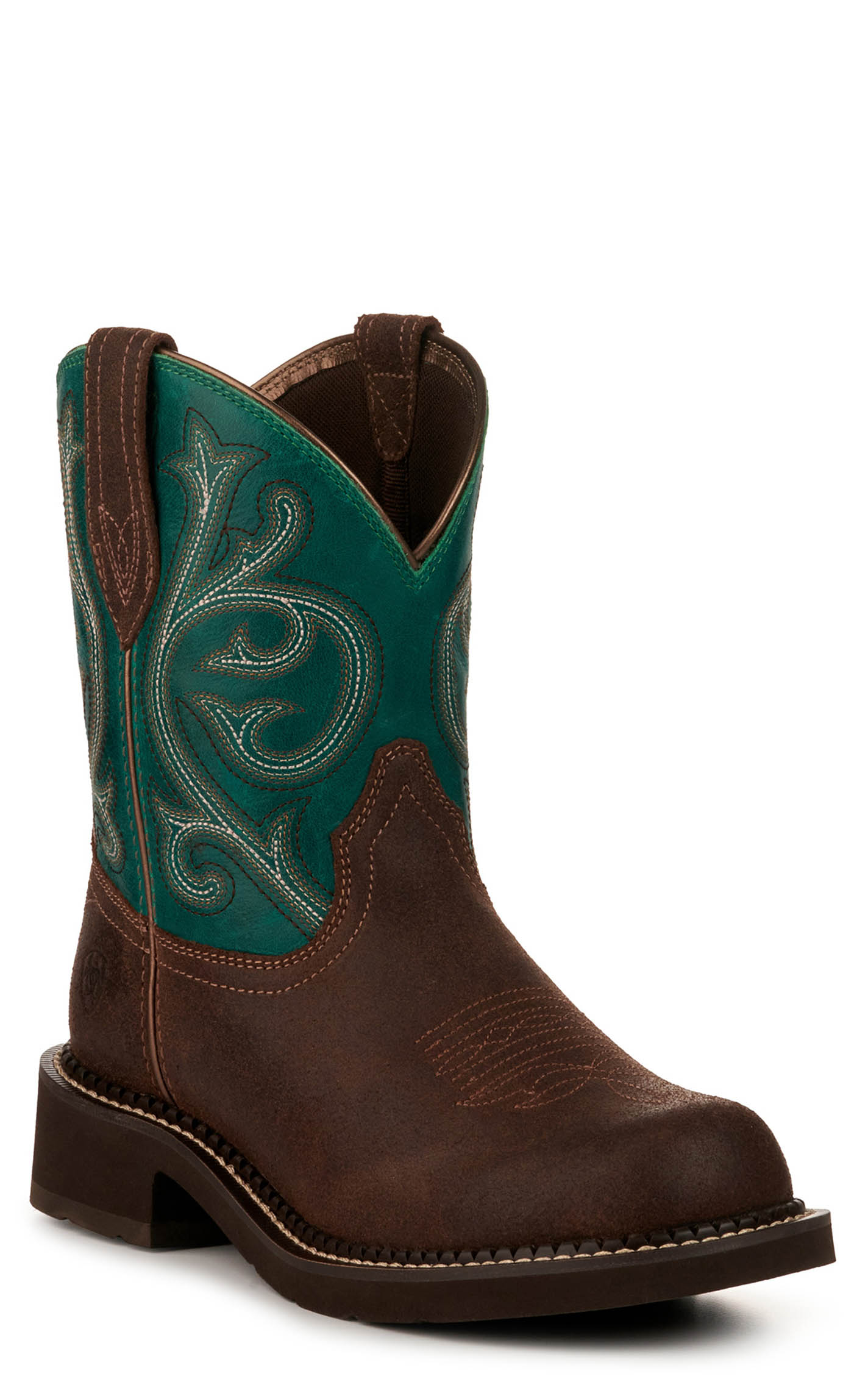 Ariat Women's Fatbaby Heritage Hickory Brown and Shamrock Green Crepe Round Toe Cowboy Boot - Image 1