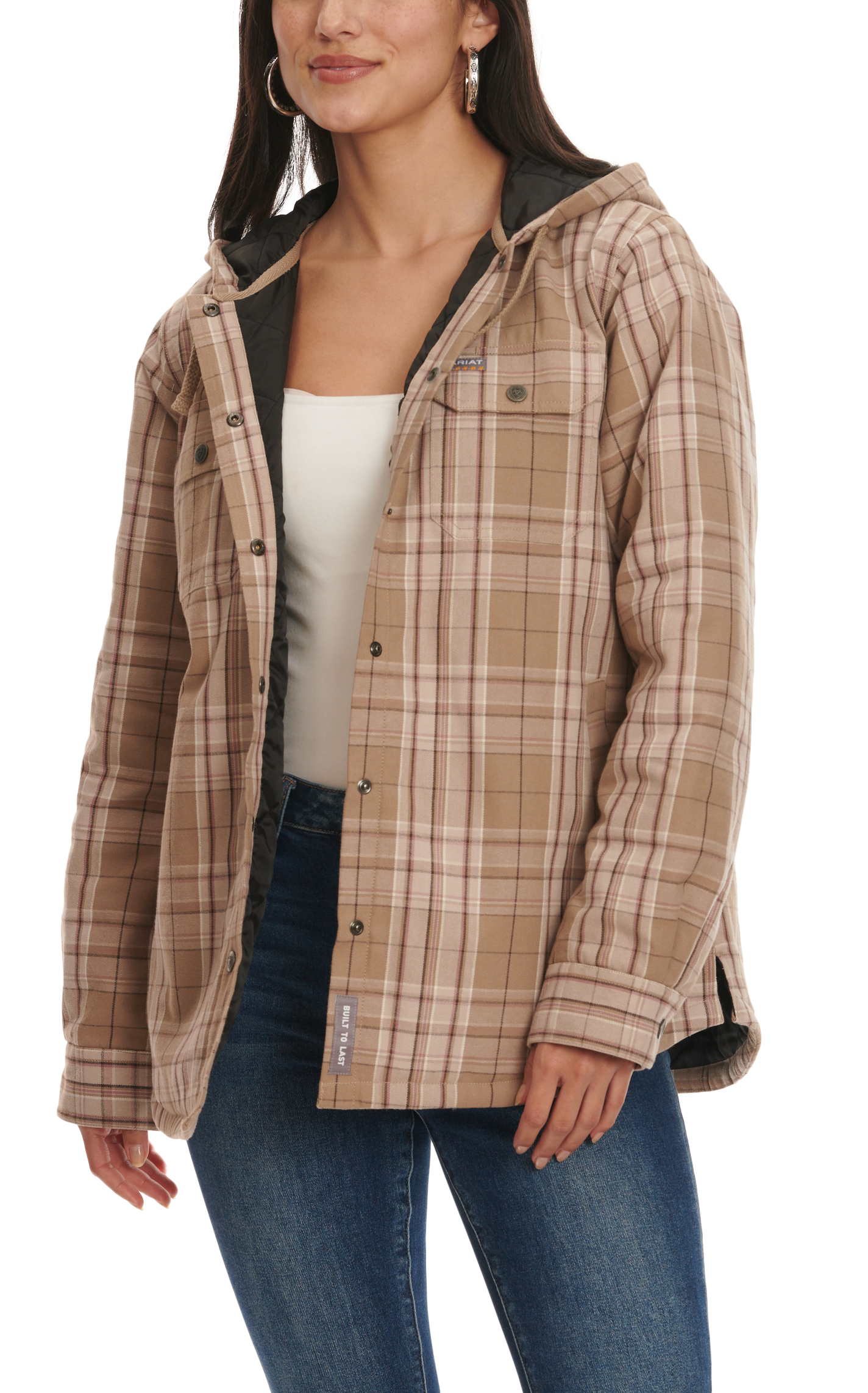 Ariat Women's Rebar Fossil Cinnamon Latte & Chocolate Plaid Flannel Lined Work Shacket - Image 1