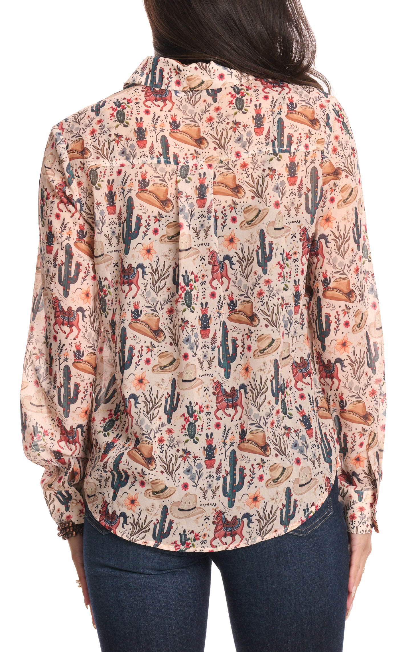 Blue B Women's Creamy Latte & Western Print Sheer Top - Image 3