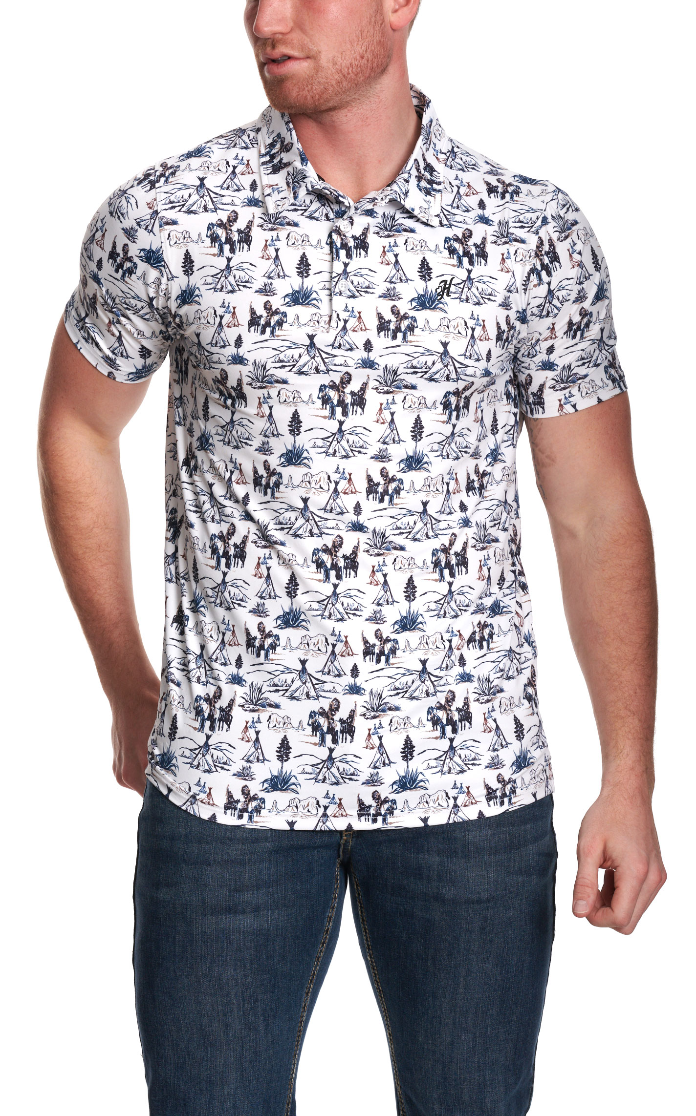Hooey Men's White, Blue & Brown Western Print Polo Shirt - Image 1
