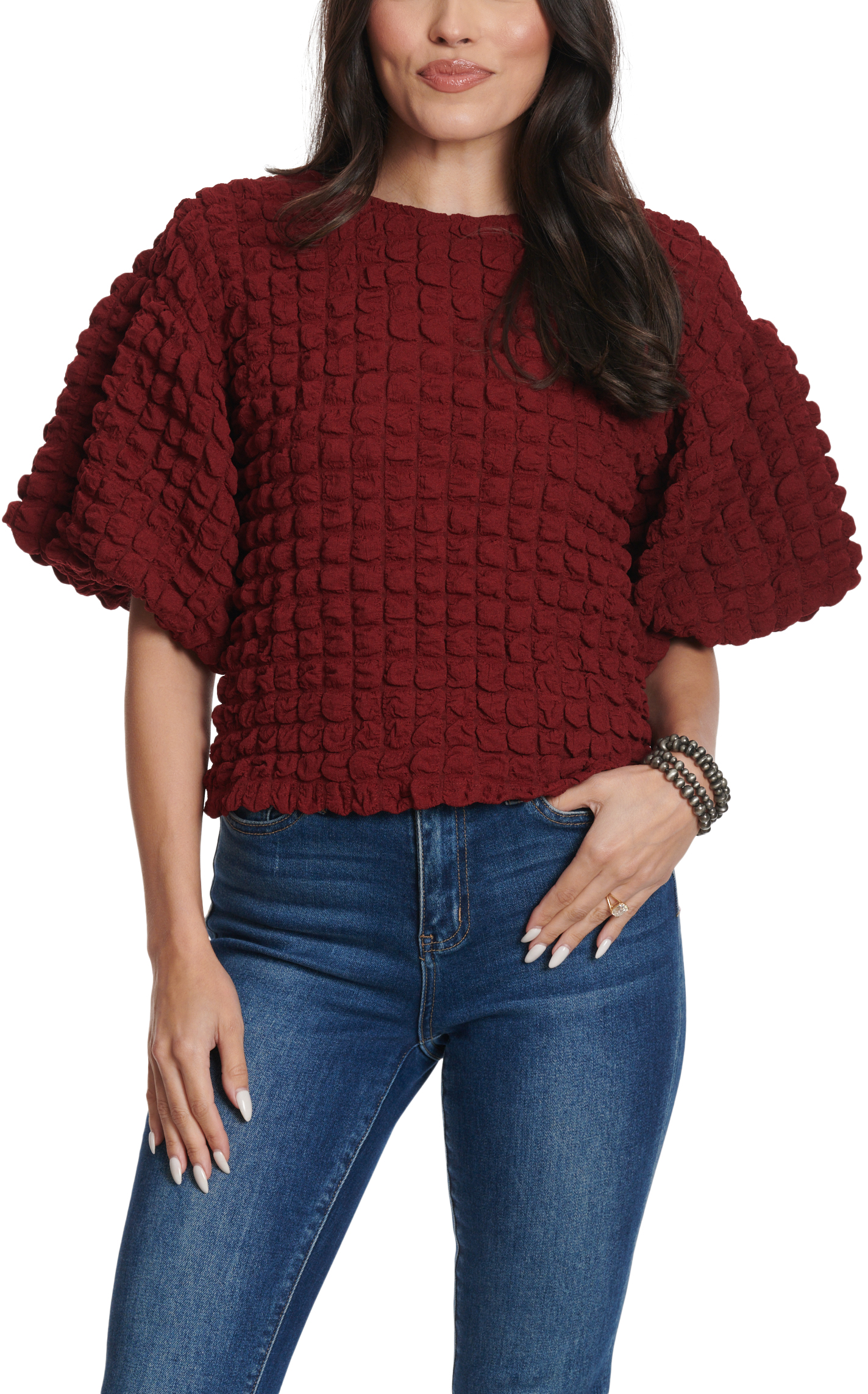 TCEC Women's Rich Wine Puffed Squares & Sleeves Top - Image 1