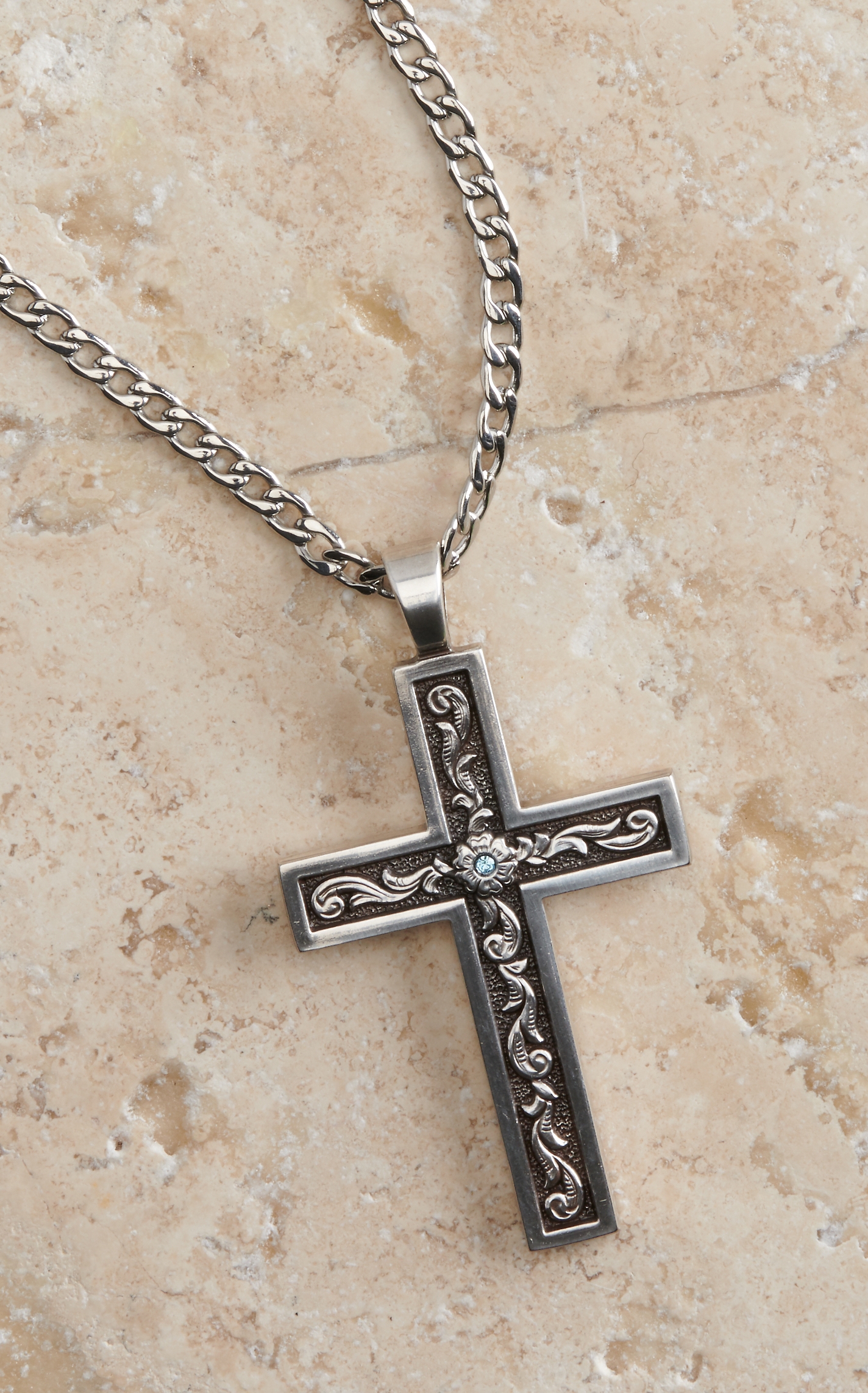 Twister Men's Silver Tone Cross with Tooled Inlay and Aqua Stone Pendant Necklace - Image 1