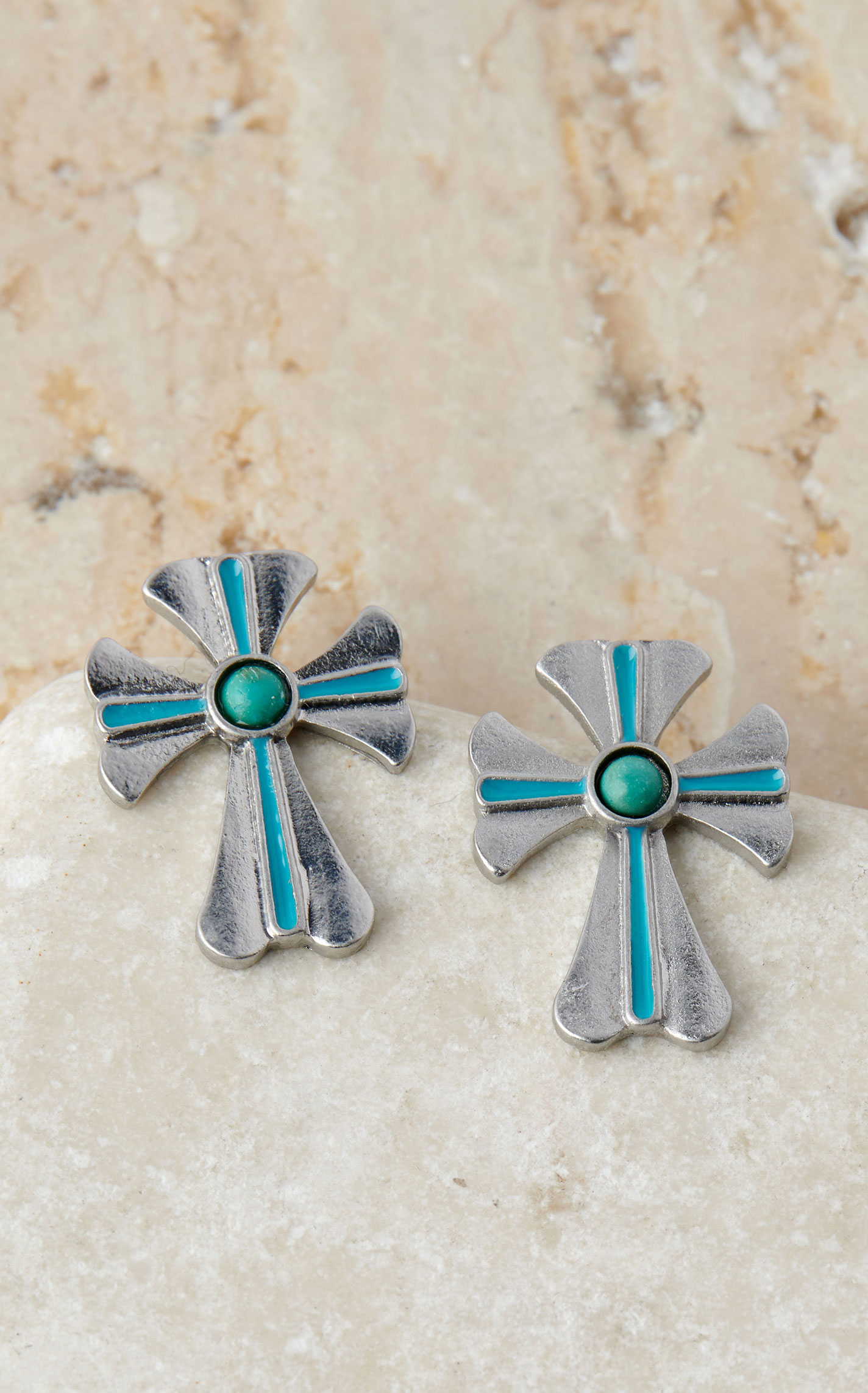 Justin Women's Silver & Turquoise Stripe Cross Earrings - Image 1