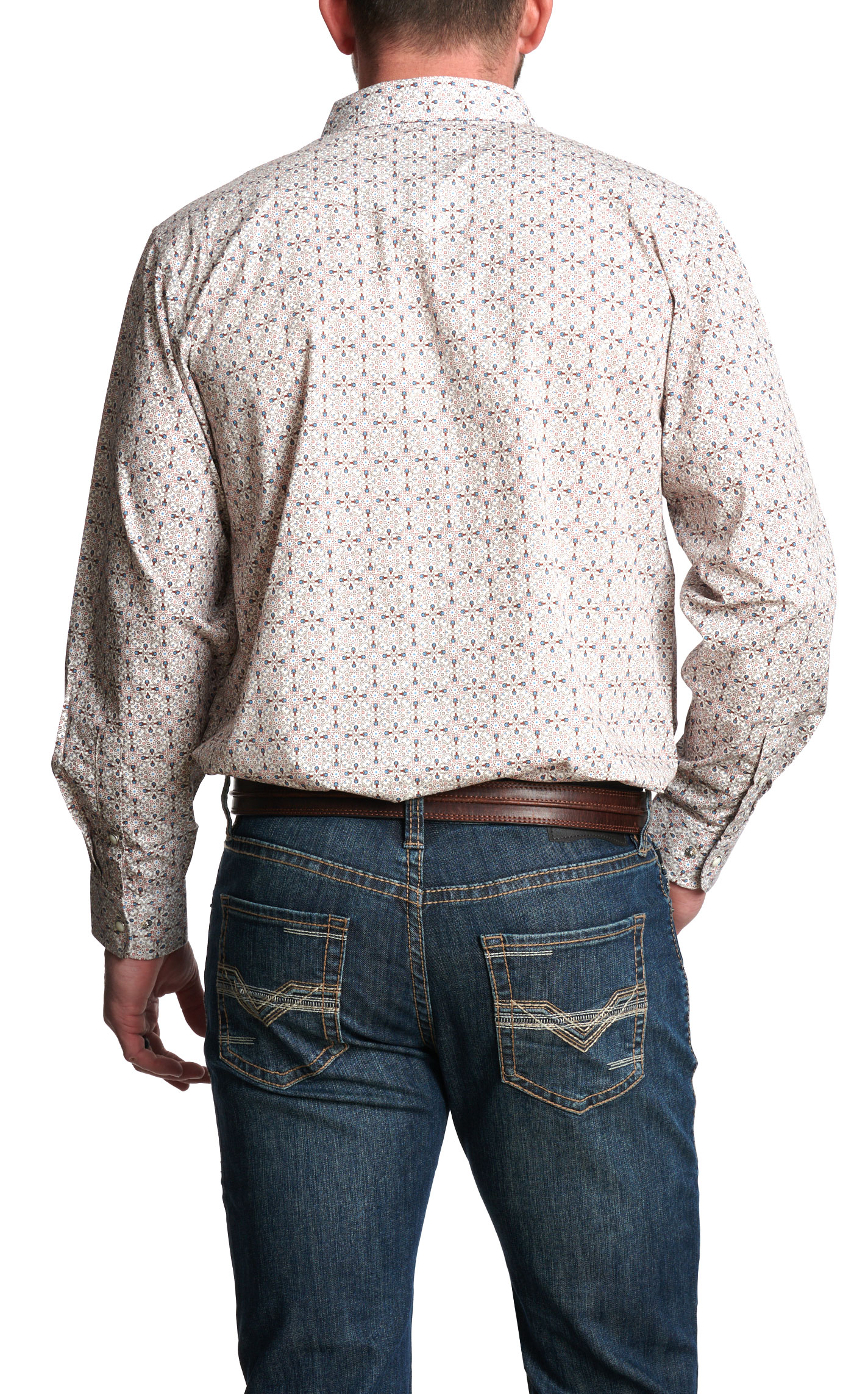 Panhandle Men’s White and Turquoise Geo Print Western Shirt - Image 1