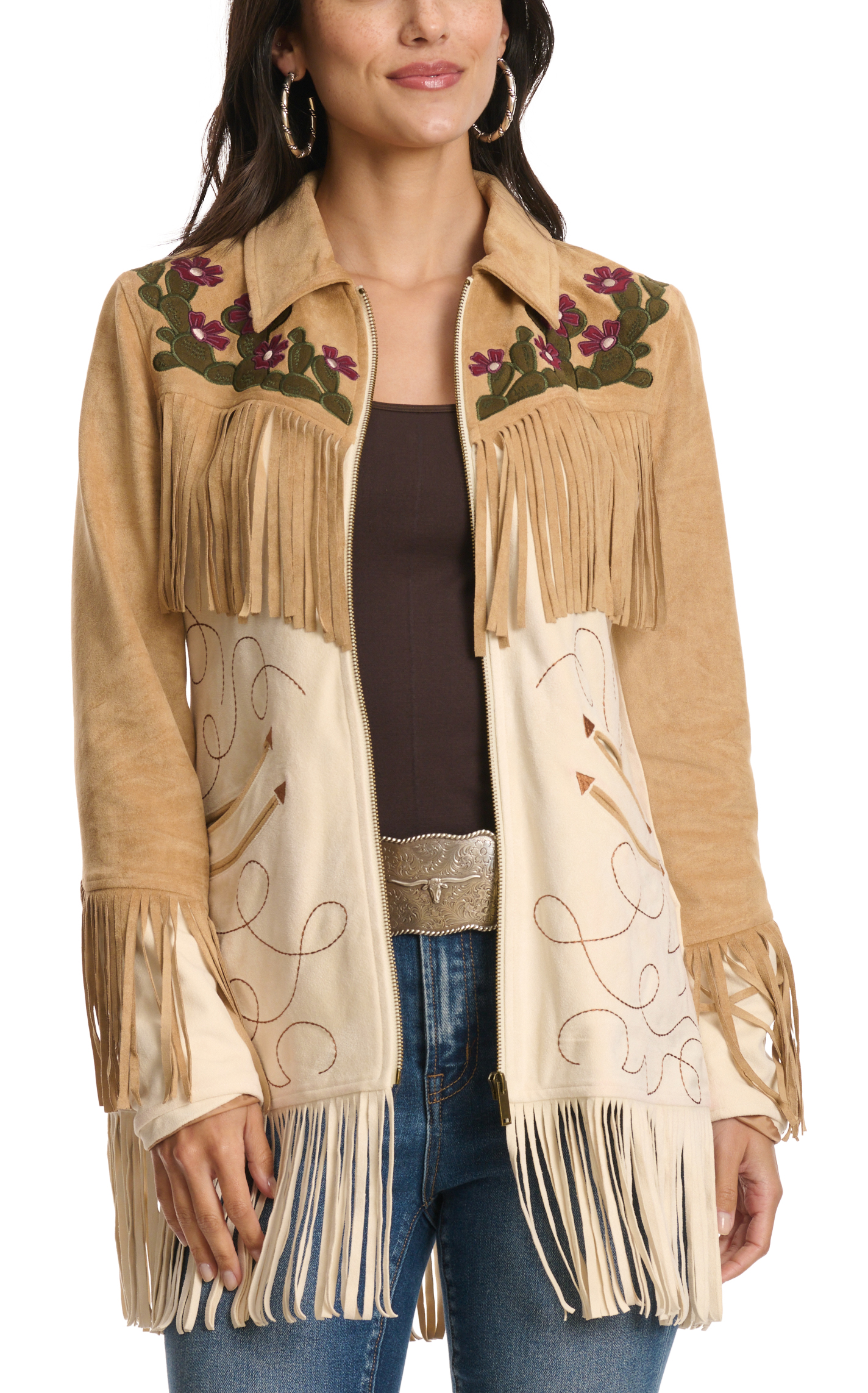 Powder River Outfitters Women's Cream & Tan Cactus Fringed Jacket - Image 1