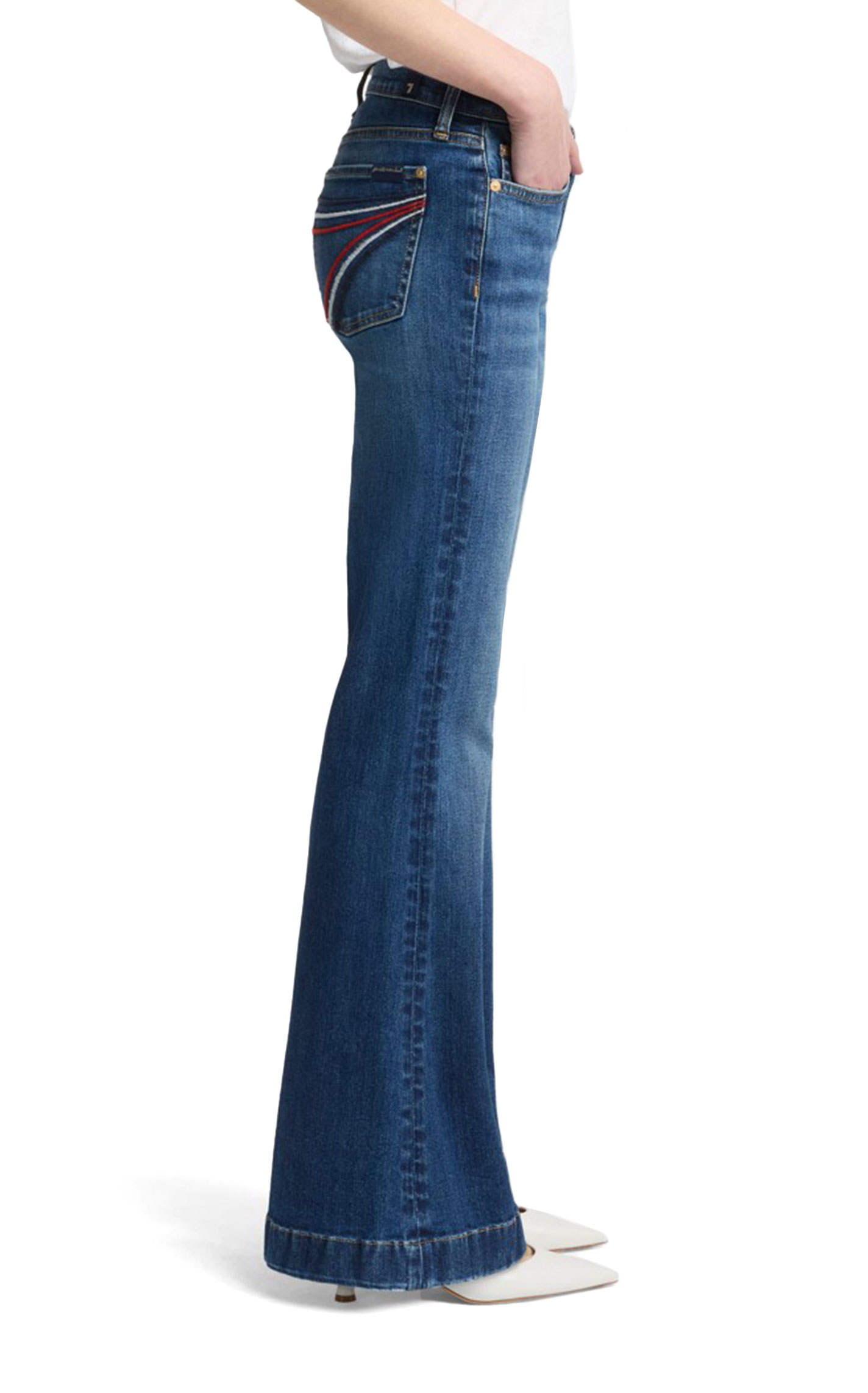 7 For All Mankind Women's DOJO Tailorless Medium Wash Royalty Red White & Blue Pocket Jeans - Image 4
