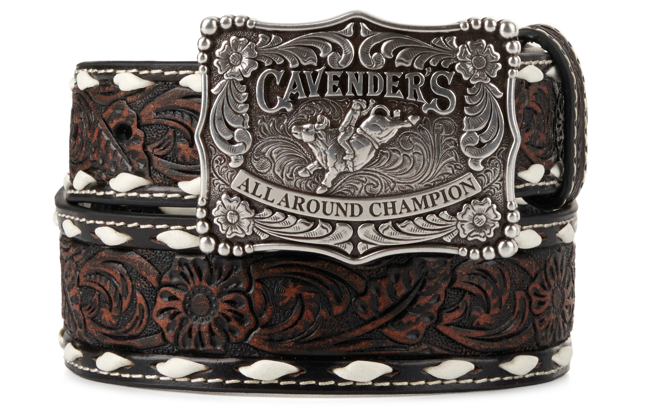 Cavender's Kid's Dark Brown Leather Floral Tooling White Woven Edge with Champion Buckle on Western Belt - Image 2