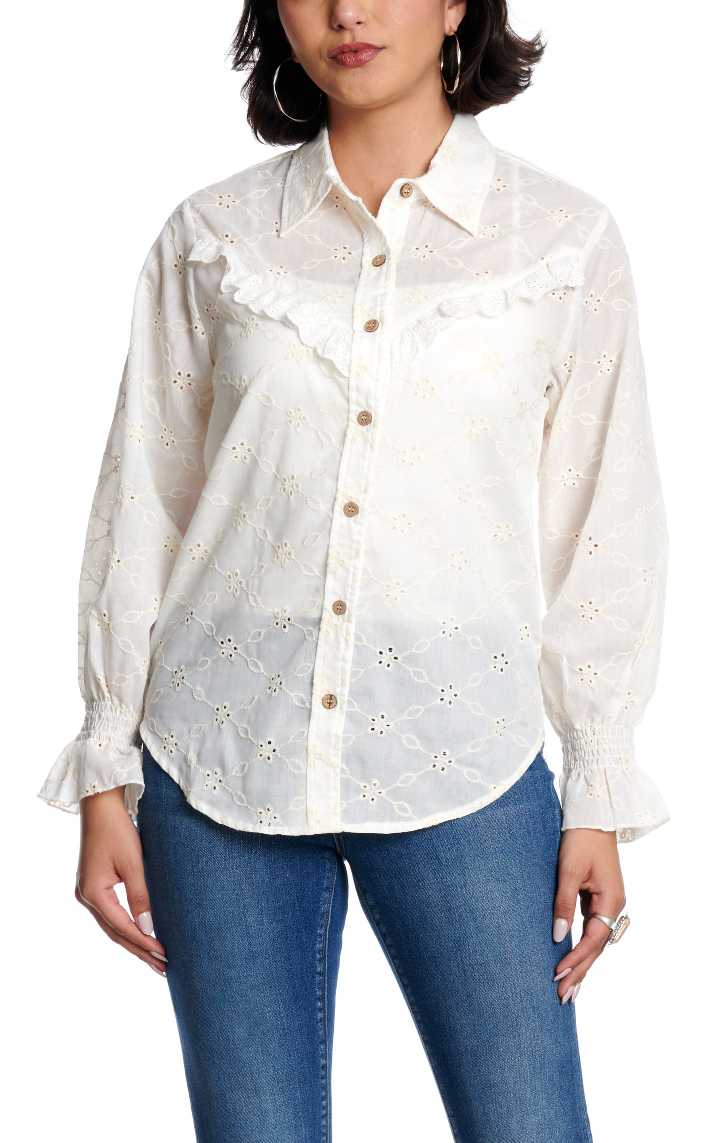 Turquoise Haven Women's Ivory Eyelet Button Up Top - Image 1