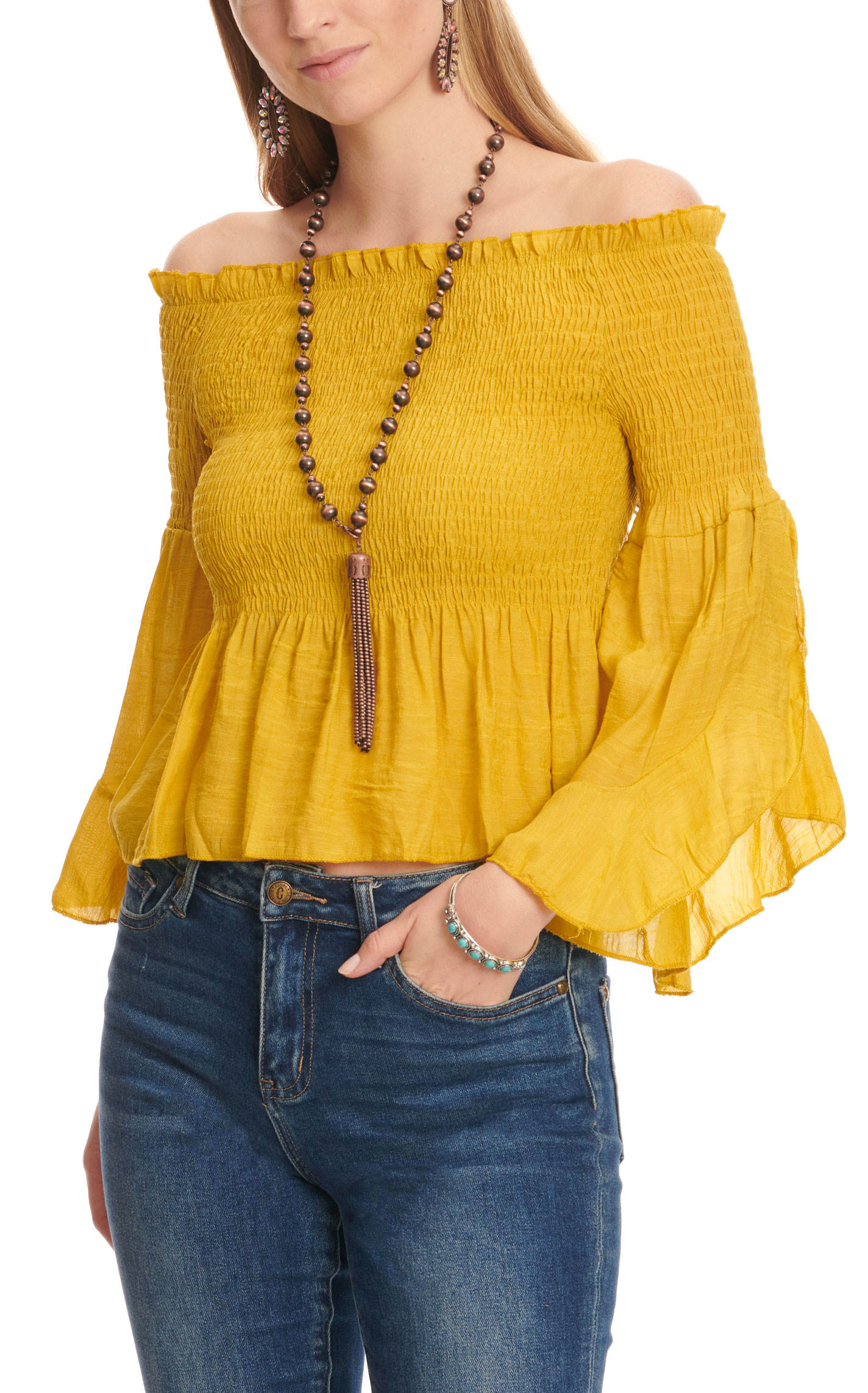 Fashion Express Women's Mustard Smocked Off the Shoulder Long Bell Sleeve Top  - Image 1