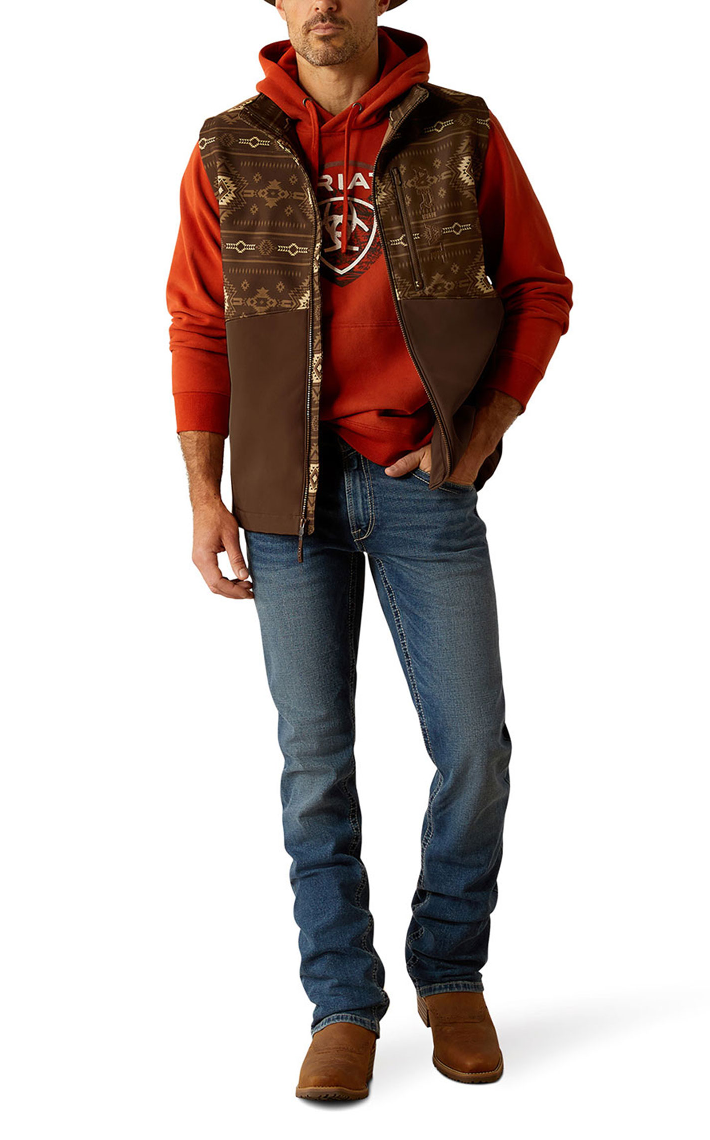 Ariat Men's Logan Banyan Bark Aztec Softshell Vest - Image 1