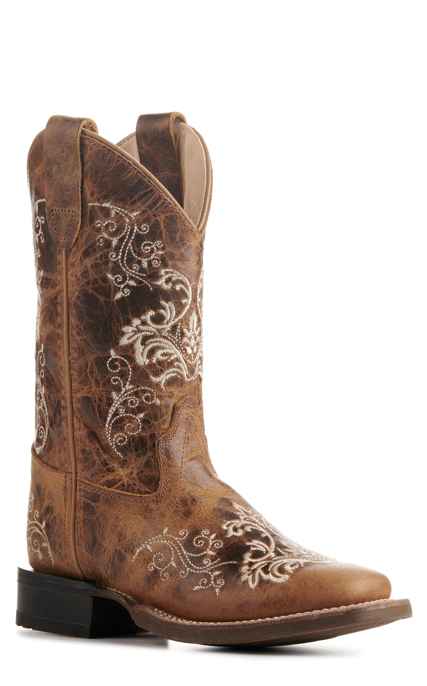 Old West Kids' Burnt Tan with Cream Embroidery Wide Square Toe Cowboy Boots - Image 1