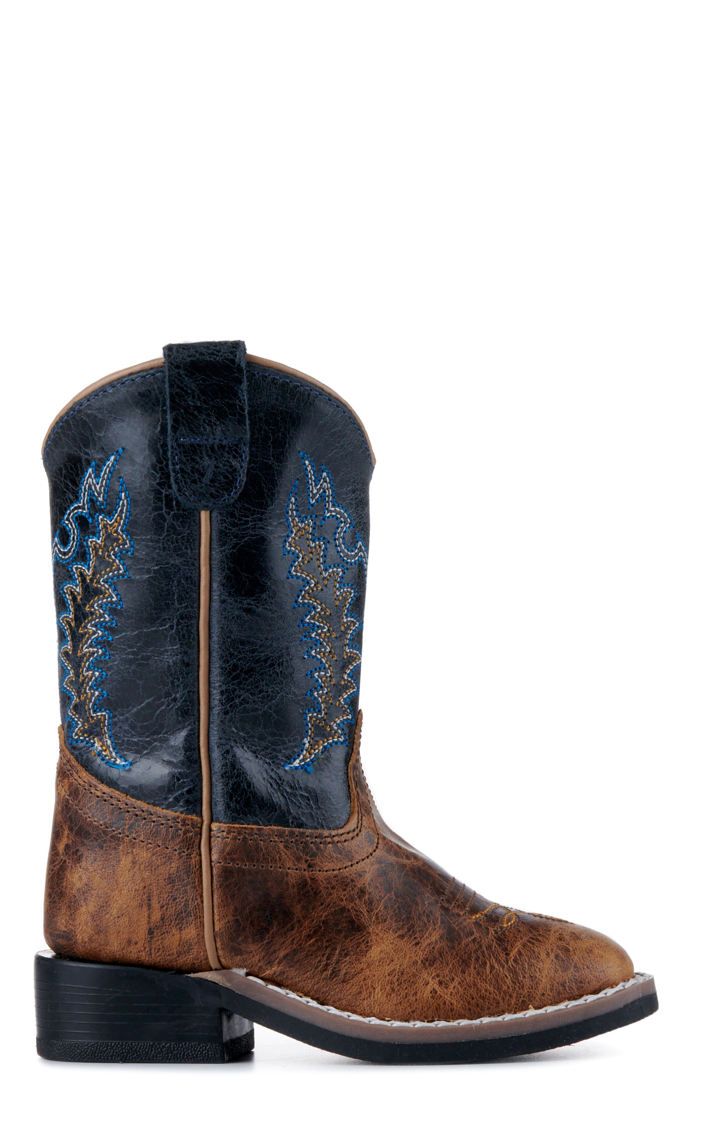 Old West Toddler Burnt Tan and Navy Blue Wide Square Toe Cowboy Boots - Image 1