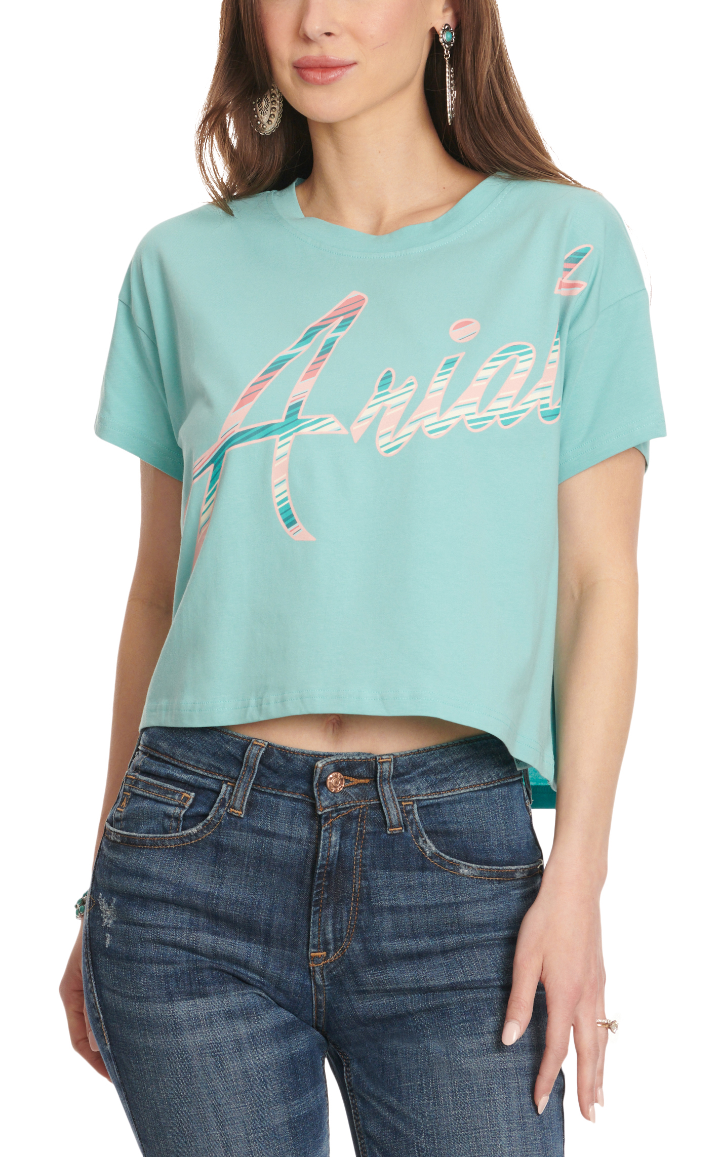 Ariat R.E.A.L. Women's Marine Blue-Green Logo Graphic Short Sleeve Boxy Crop T-Shirt - Image 1
