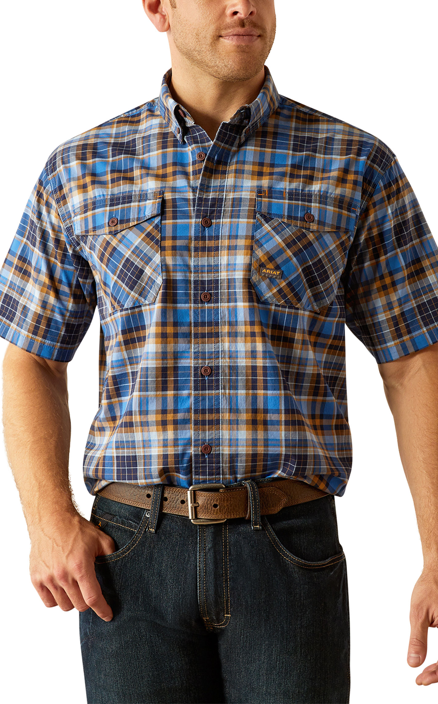 Ariat Men's Rebar DuraStretch Blue Black & Gold Plaid Work Shirt - Image 4