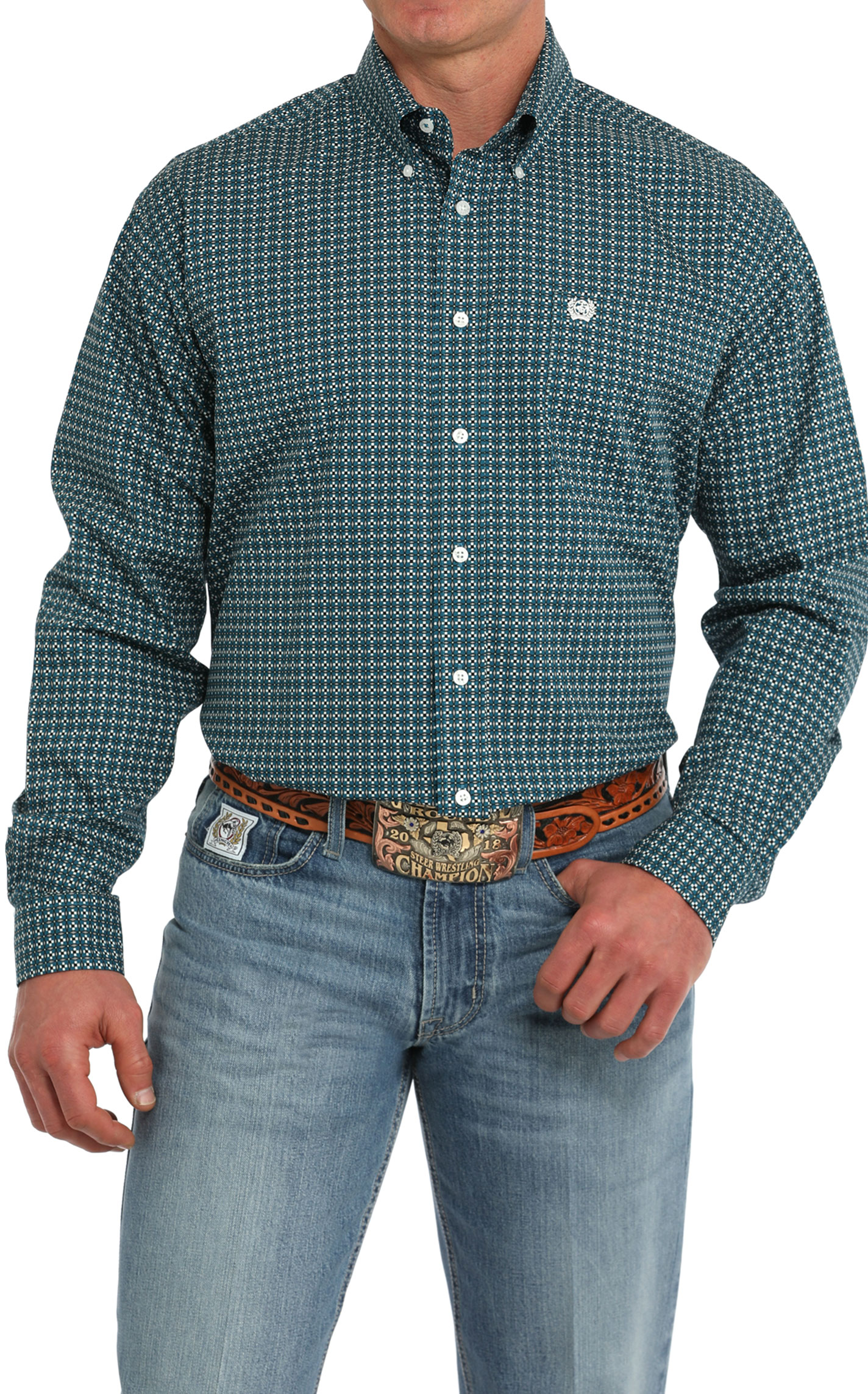 Cinch Men's Teal & Taupe Geo Print Western Shirt - Image 1