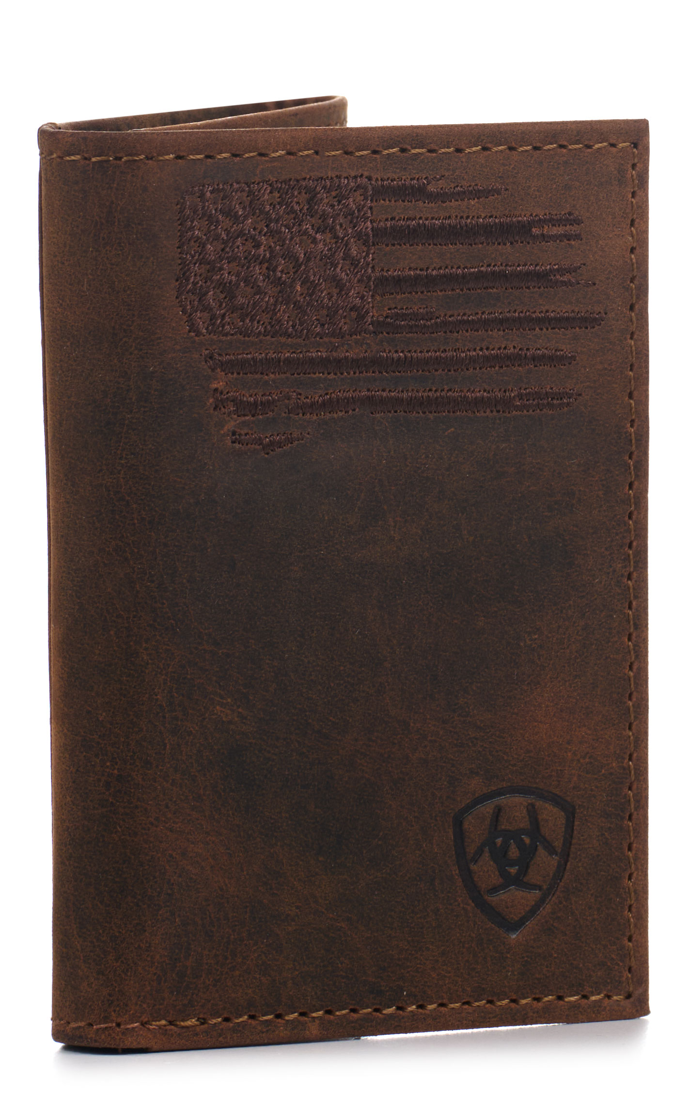 Ariat Men's Chocolate Flag & Shield Logo Trifold Wallet - Image 1