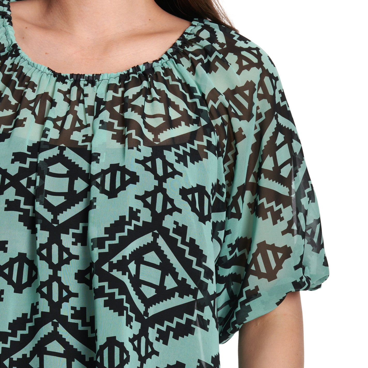 R. Rouge Women's Teal Black Aztec Print Sheer Puff Sleeve Top - Image 1