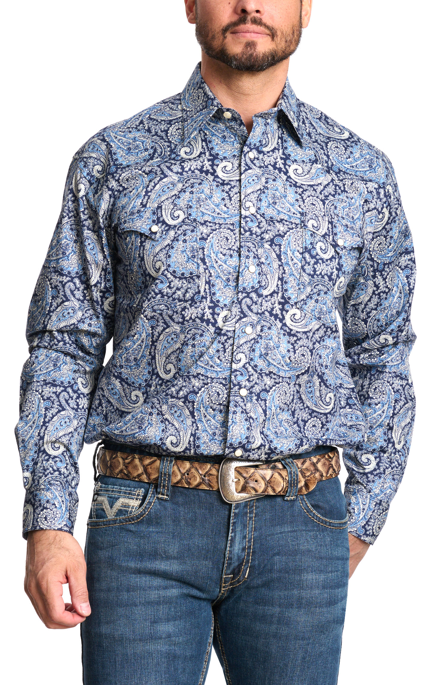 Panhandle Men's Rough Stock Navy Paisley Western Shirt - Image 1