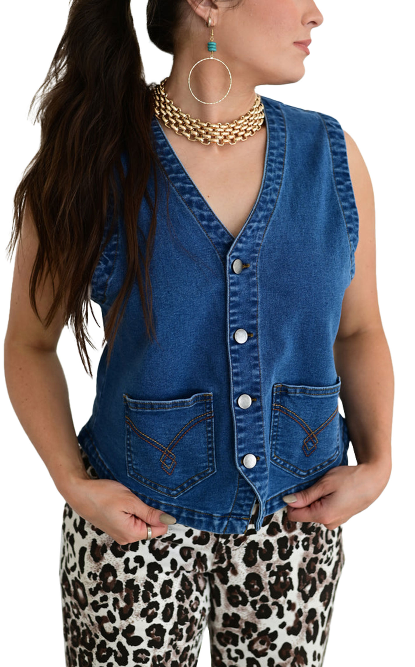 Turquoise Haven Women's Dark Wash Western Stitch Denim Vest - Image 1