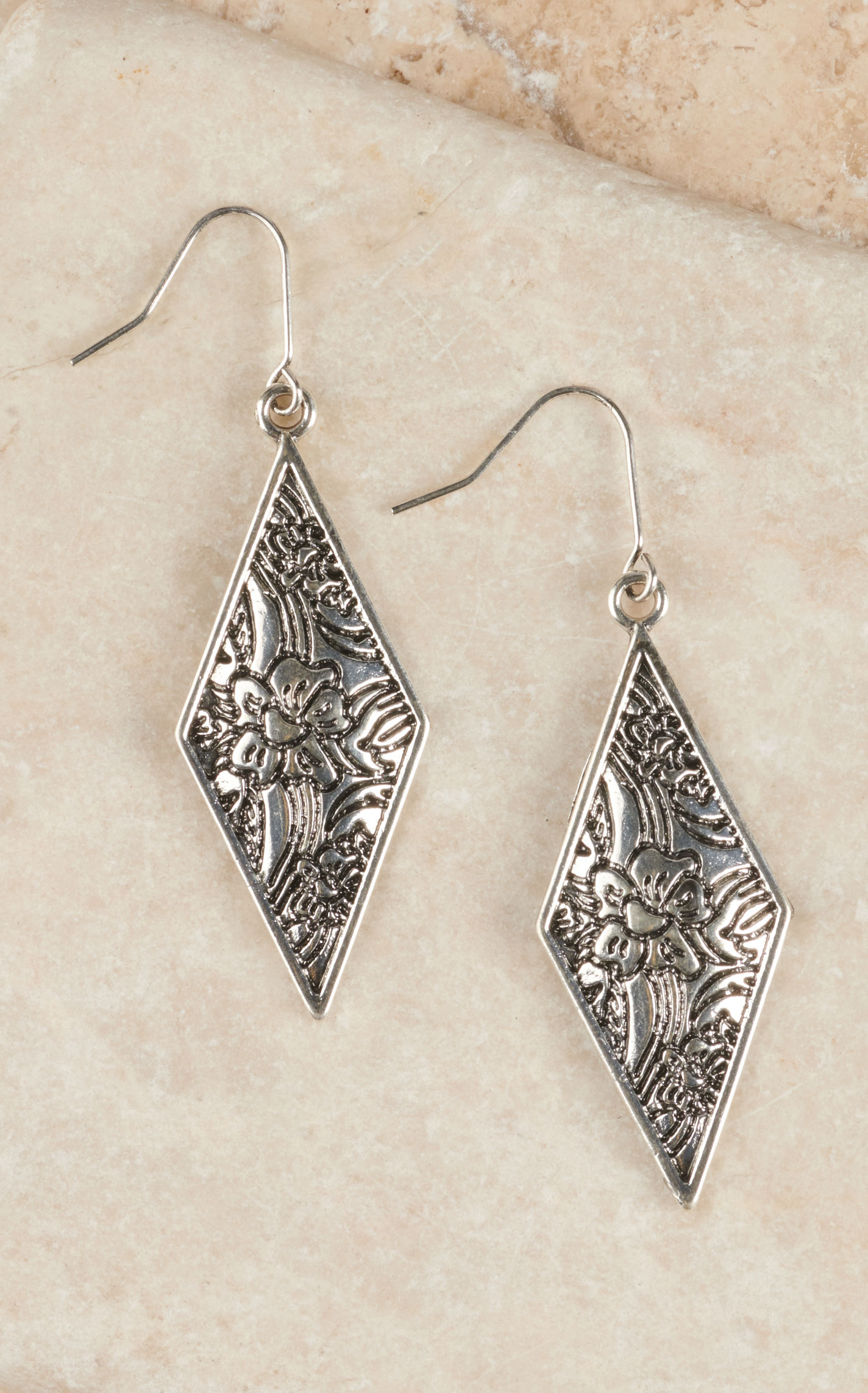 Justin Women's Silver Floral Etched Diamond Shape Earrings - Image 1
