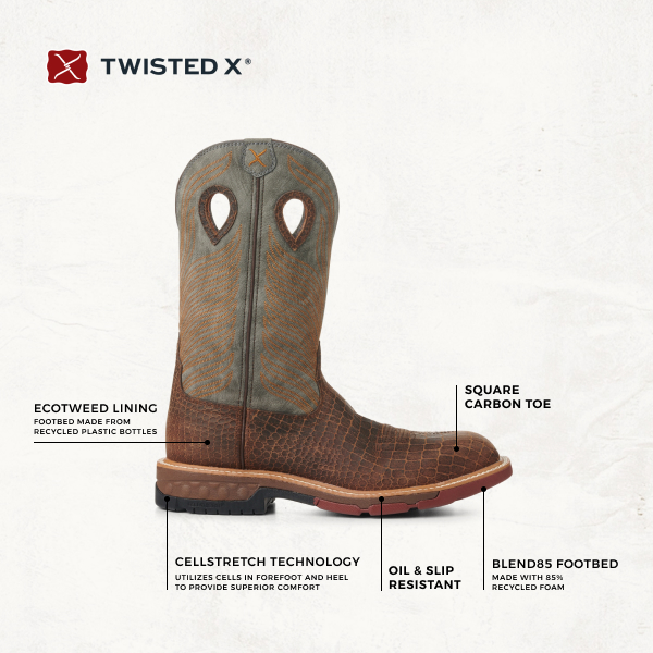Twisted X Men's Brown Caiman Print Foot and Gray CellStretch Wide Square Composite Toe Work Boots - Image 1