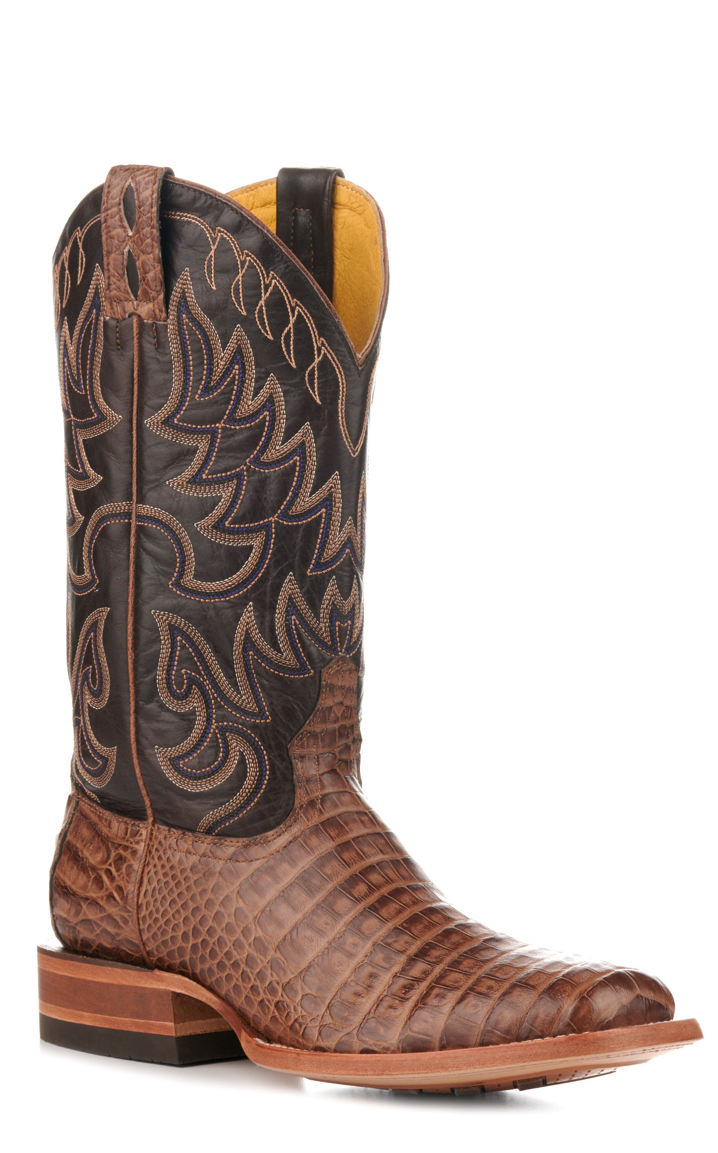 Cavender's Men's Chocolate and Chestnut Caiman Belly Wide Square Toe Cowboy Boots - Image 1