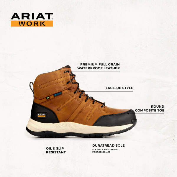 Ariat Men’s Outpace Shift Natural Brown Waterproof Round Composite Toe Work Boots - Image 1