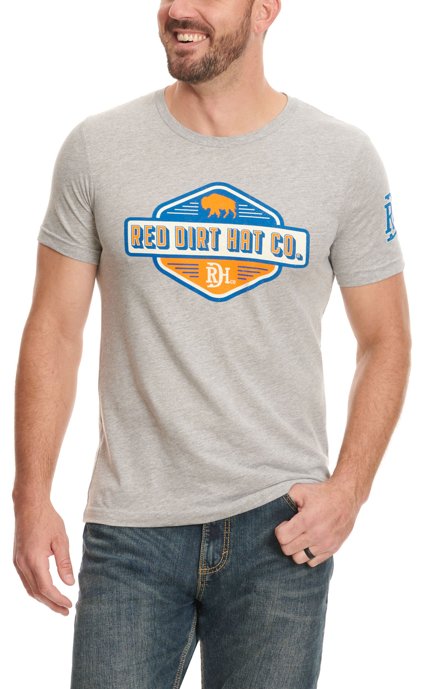 Red Dirt Hat Co. Men's Gray Royal Blue & Orange Bison Logo Graphic Short Sleeve T-Shirt - Image 1