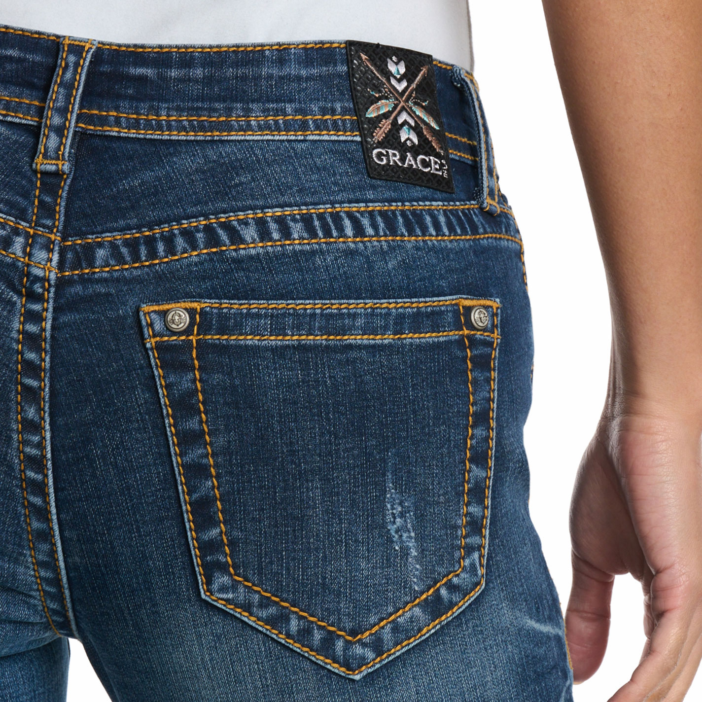 Grace in L.A. Women's Dark Wash Distressed Basic Boot Cut Jeans - Image 1