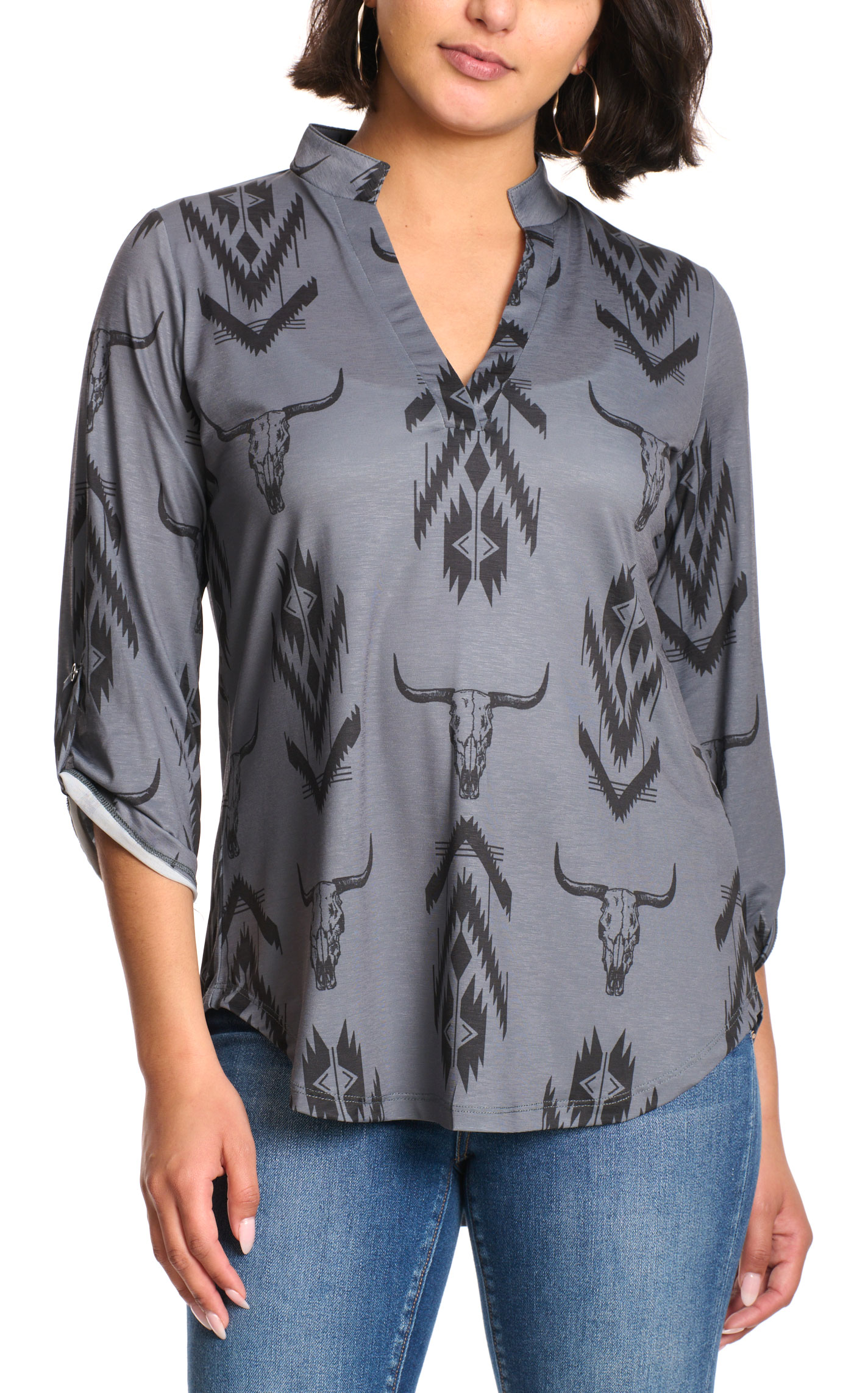 Cowgirl Hardware Women's Cement & Black Aztec Skull Top - Plus Sizes - Image 1